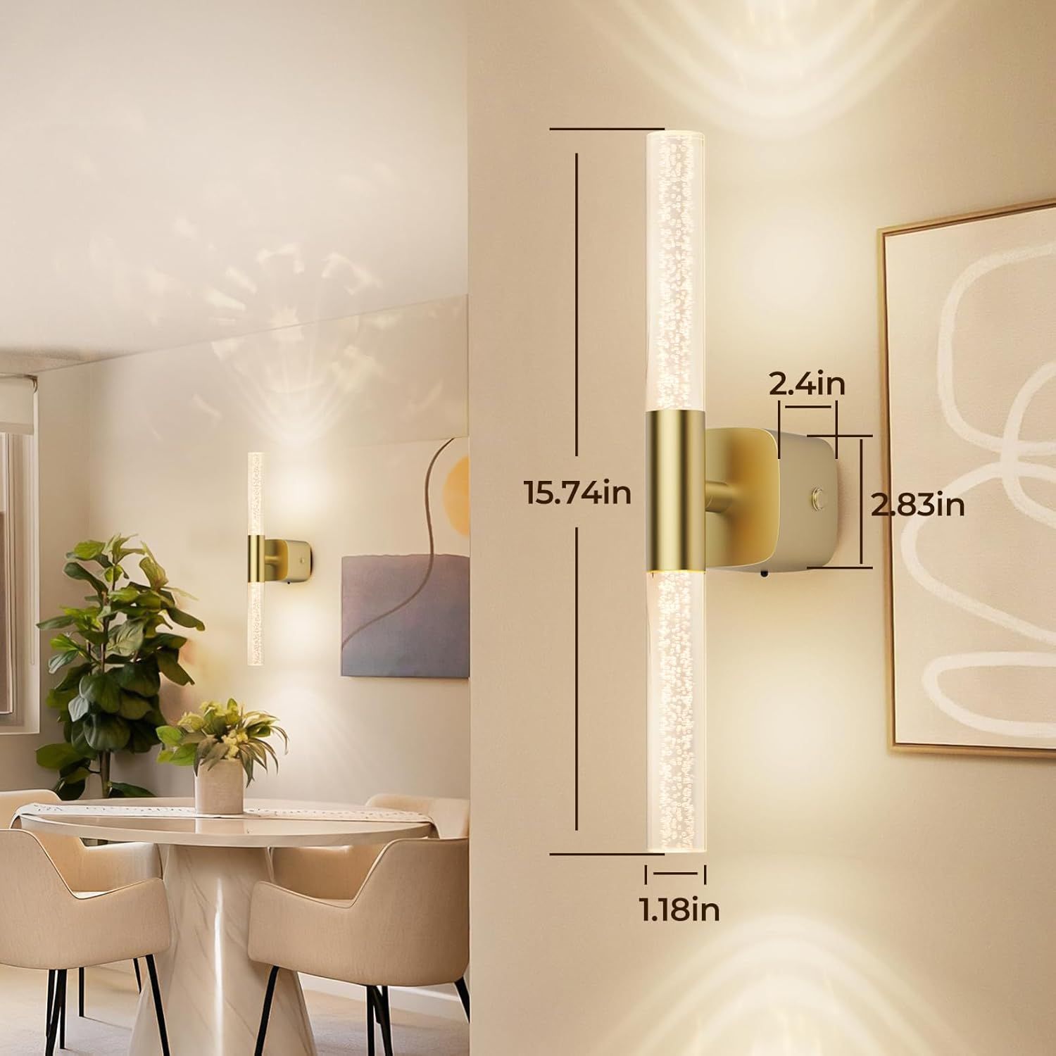 Battery Operated Wall Sconce Set of 2 Rechargeable Battery Powered Wall Light with 12000mAh Wireless Dimmable Wall Lamp Fixtures for Bedroom Living Room (Brushed Gold, 16"-2 Pack)
