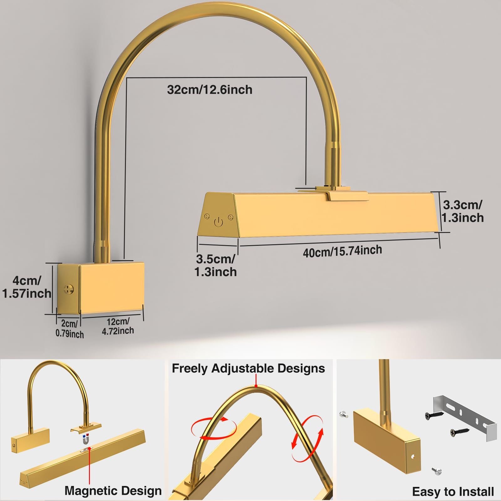 Picture Frame Light with Remote, Wireless 16 Inch Gold Art Light, Battery Picture Light with 3 CCT, Dimmable and Timer Wall Picture Lights for Painting, Wall, Gallery, Artwork, Frame