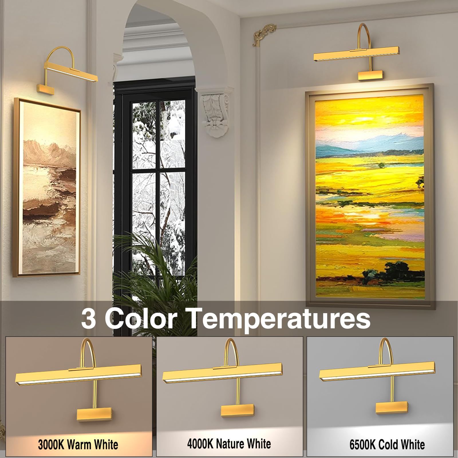Picture Frame Light with Remote, Wireless 16 Inch Gold Art Light, Battery Picture Light with 3 CCT, Dimmable and Timer Wall Picture Lights for Painting, Wall, Gallery, Artwork, Frame