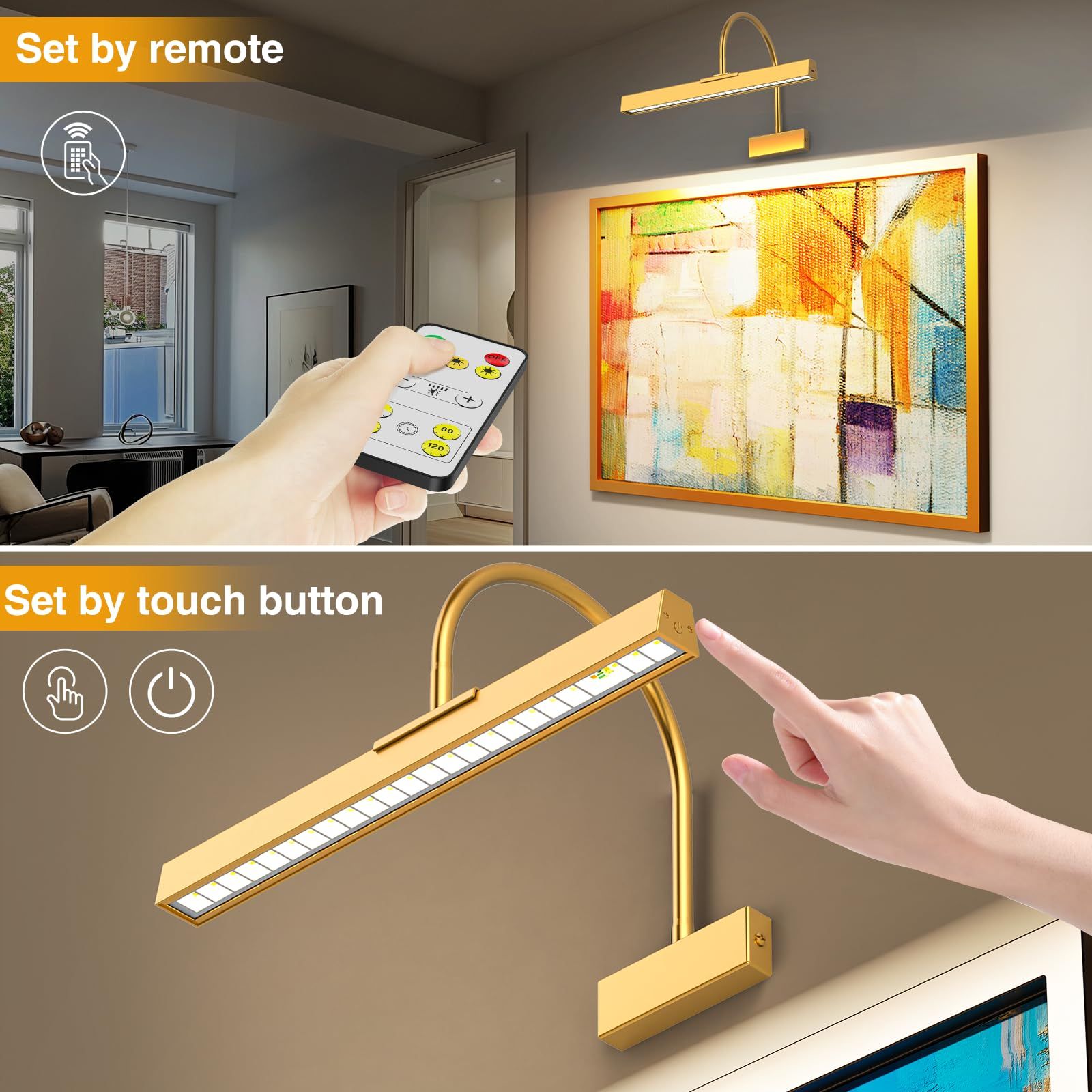 Picture Frame Light with Remote, Wireless 16 Inch Gold Art Light, Battery Picture Light with 3 CCT, Dimmable and Timer Wall Picture Lights for Painting, Wall, Gallery, Artwork, Frame