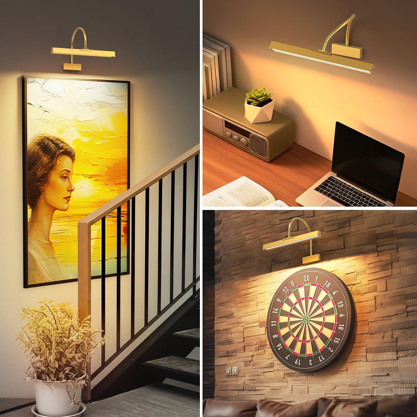 Picture Frame Light with Remote, Wireless 16 Inch Gold Art Light, Battery Picture Light with 3 CCT, Dimmable and Timer Wall Picture Lights for Painting, Wall, Gallery, Artwork, Frame