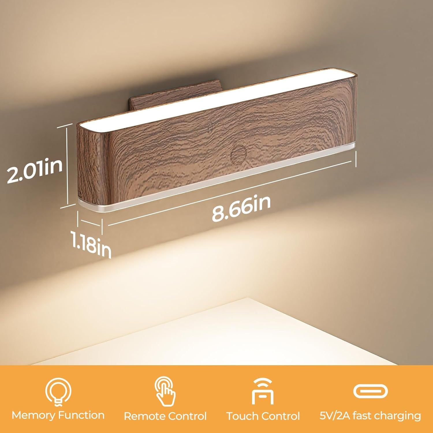 Magnetic Wireless Battery Operated Wall Sconce, Rechargeable Remote Control & Touch Control Wall Sconces Set of Two, 3-Color Temperatures LED Wall Lights, 360° Rotatable (Walnut, 2-Pack)