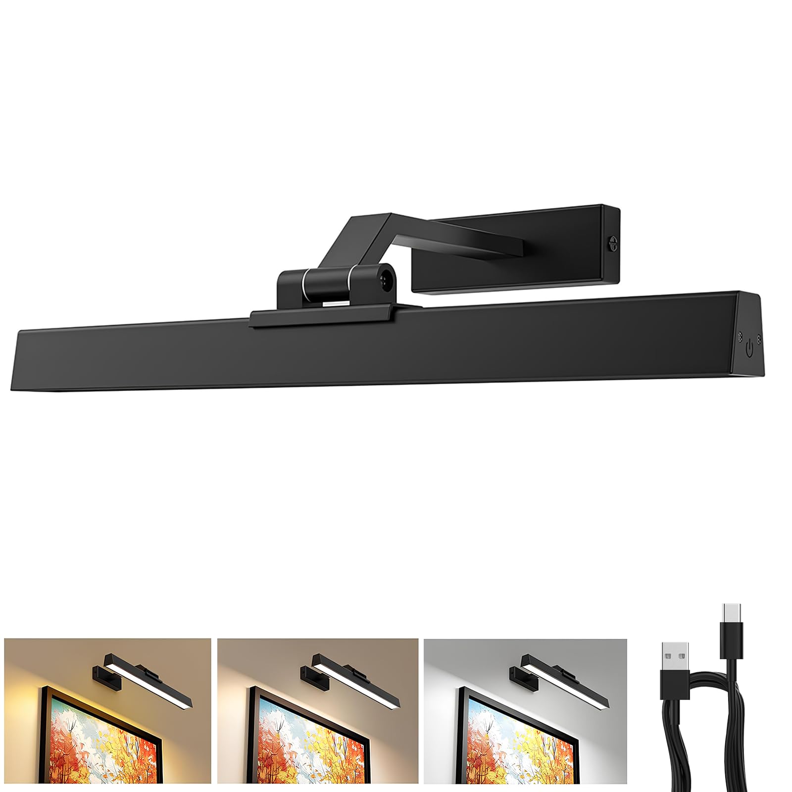 Wall Lights: Picture Lights for Wall, Battery Operated Picture Light 16in Gallery Light for Paintings CCT Dimmable Recharging Battery Wall Light with Remote Control for Living Room Dartboard Art Black