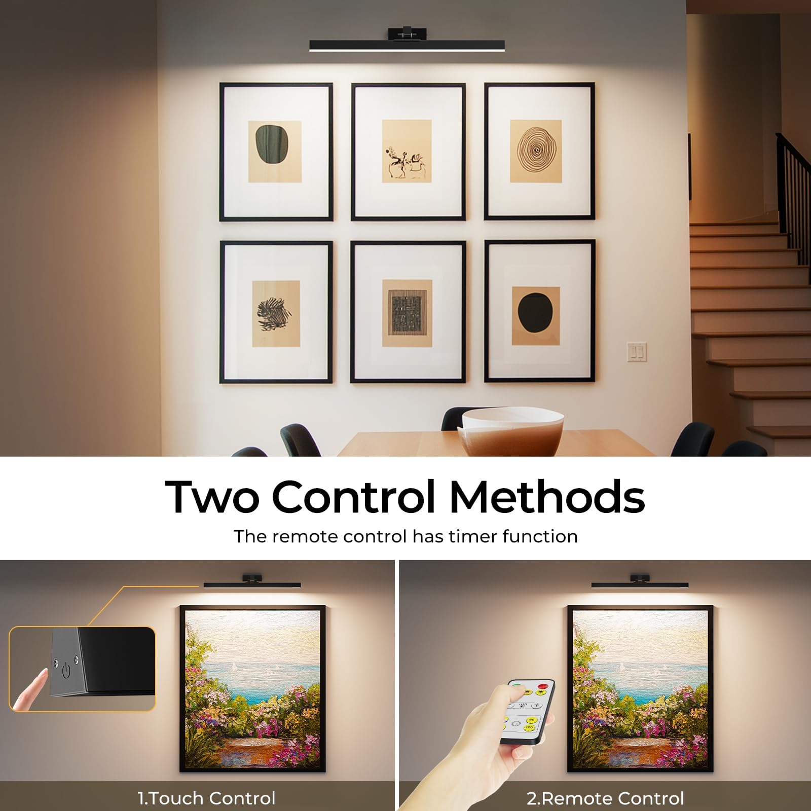 Wall Lights: Wall Picture Light, 24in Battery-Powered Gallery Light for Artwork, CCT Dimmable Rechargeable Battery Wall Lamp with Remote Control for Living Room, Gallery, and Dartboard (Black)