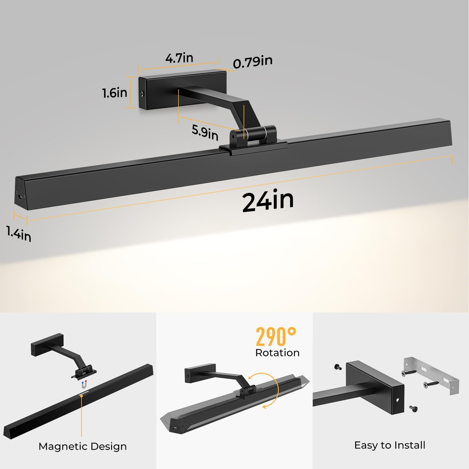 Wall Lights: Wall Picture Light, 24in Battery-Powered Gallery Light for Artwork, CCT Dimmable Rechargeable Battery Wall Lamp with Remote Control for Living Room, Gallery, and Dartboard (Black)