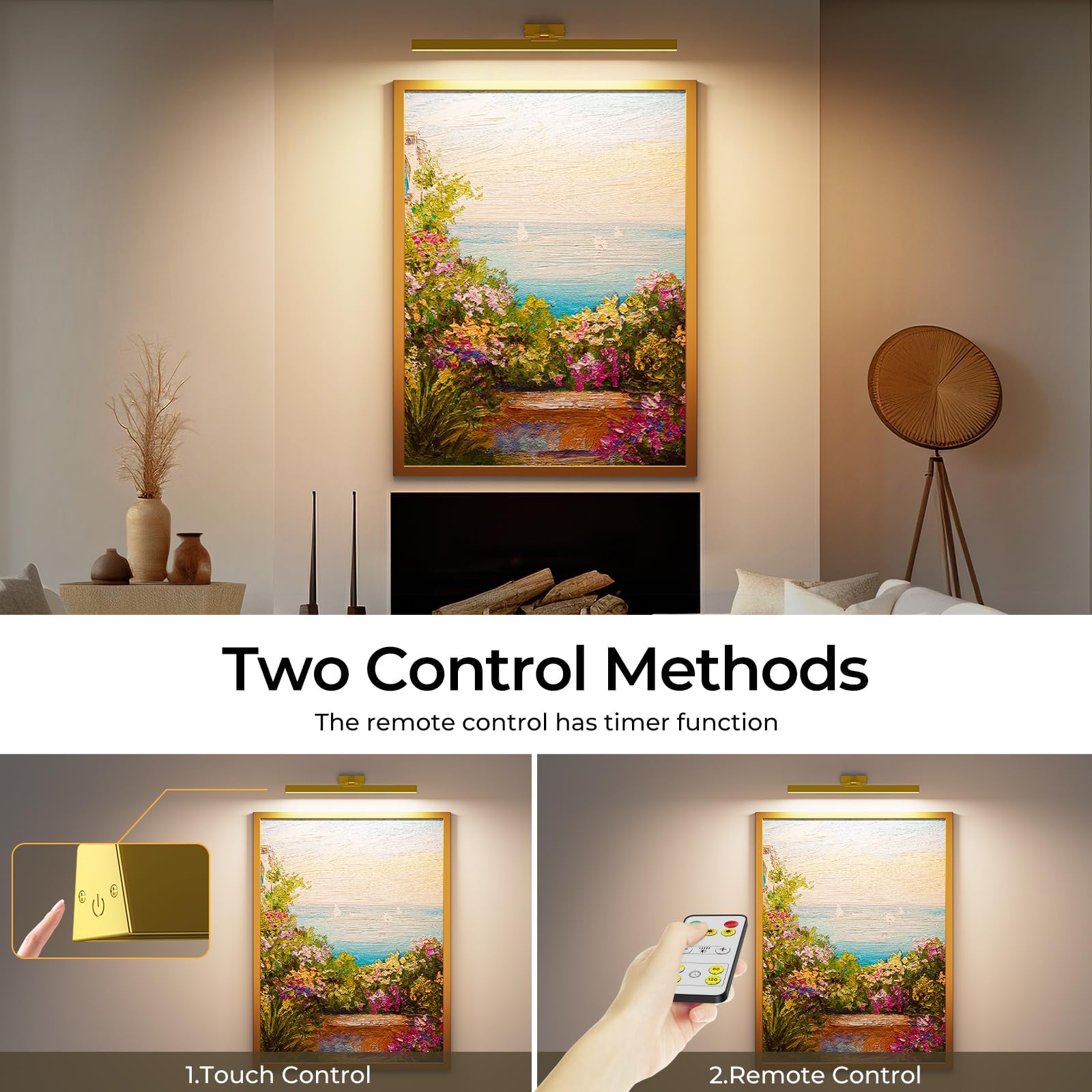 Wall Lights: Wall Picture Light, 24in Battery-Powered Gallery Light for Artwork, CCT Dimmable Rechargeable Battery Wall Lamp with Remote Control for Living Room, Gallery, and Dartboard (Gold)