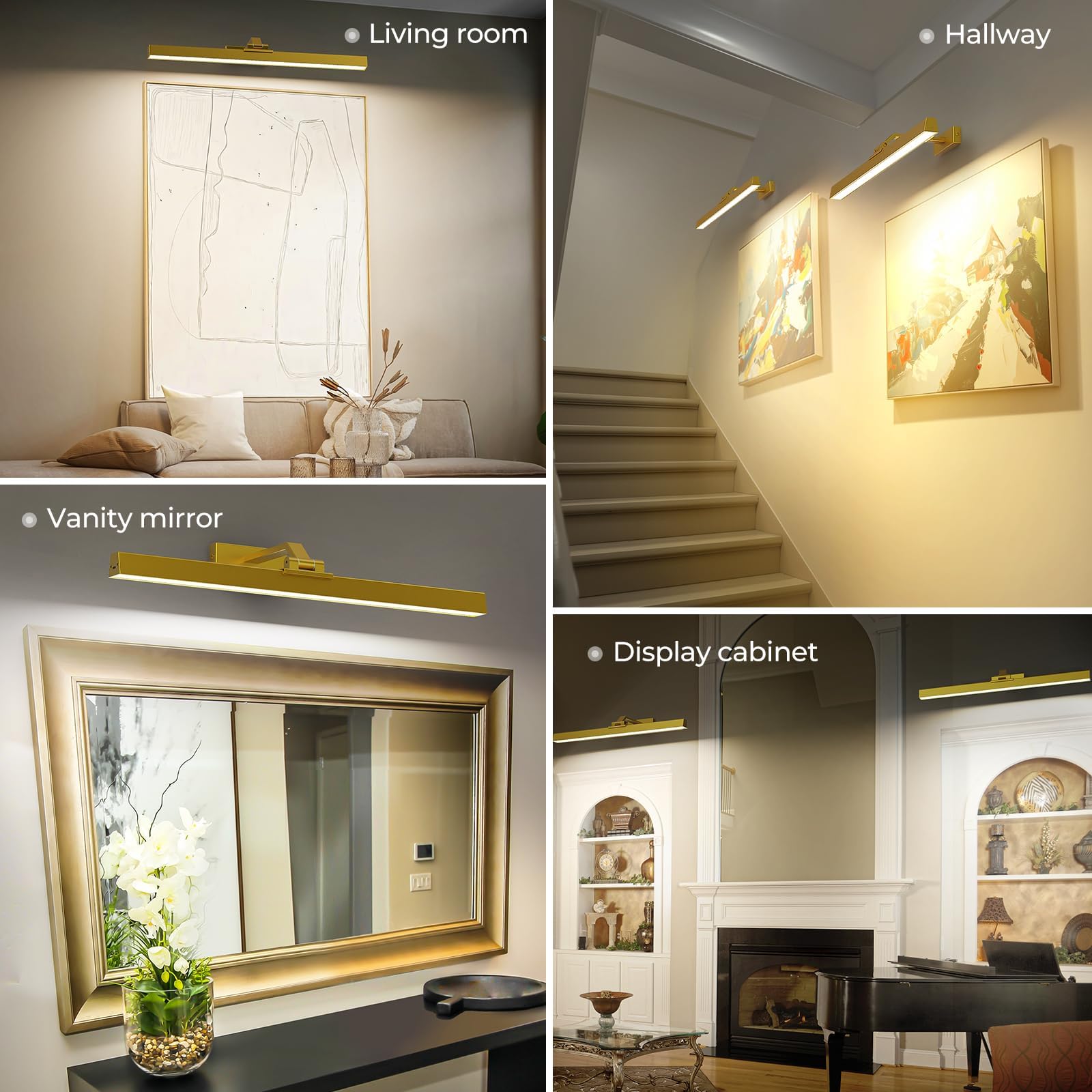 Wall Lights: Wall Picture Light, 24in Battery-Powered Gallery Light for Artwork, CCT Dimmable Rechargeable Battery Wall Lamp with Remote Control for Living Room, Gallery, and Dartboard (Gold)