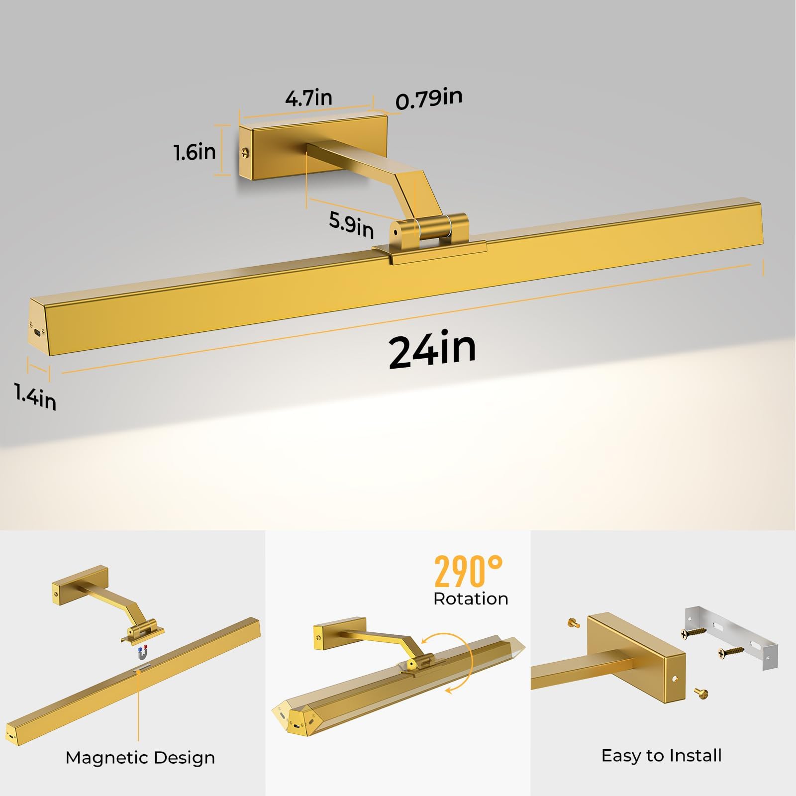 Wall Lights: Wall Picture Light, 24in Battery-Powered Gallery Light for Artwork, CCT Dimmable Rechargeable Battery Wall Lamp with Remote Control for Living Room, Gallery, and Dartboard (Gold)