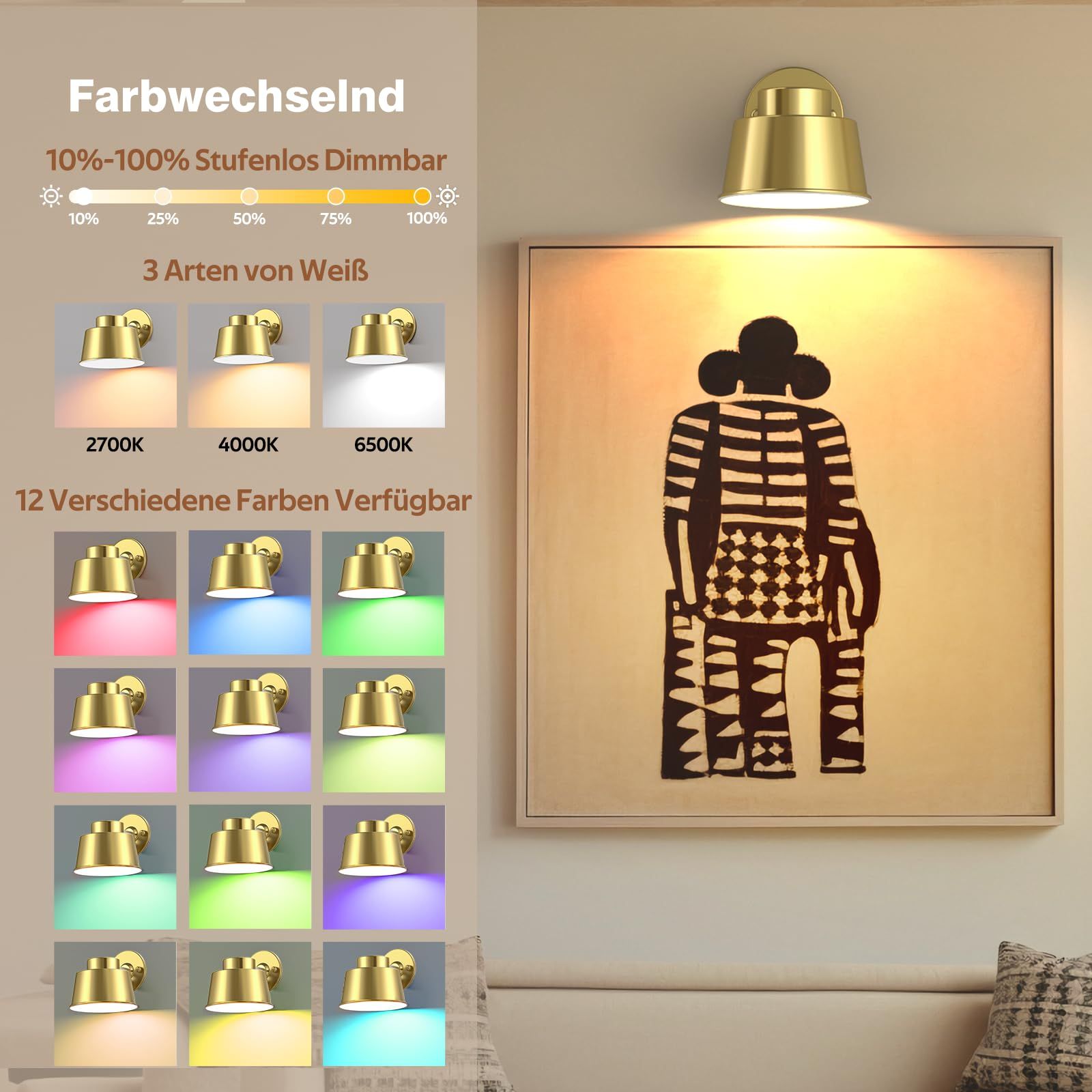 AIBOO Night Light Wireless Wall Light Indoor LED,Battery Operated Wall Lights Rechargeable Lamp with Remote,Touch Lamp Dimmable Wall Sconces Bedside Lamp for Bedroom Livingroom (Gold, 1Pack) [Energy Class E]