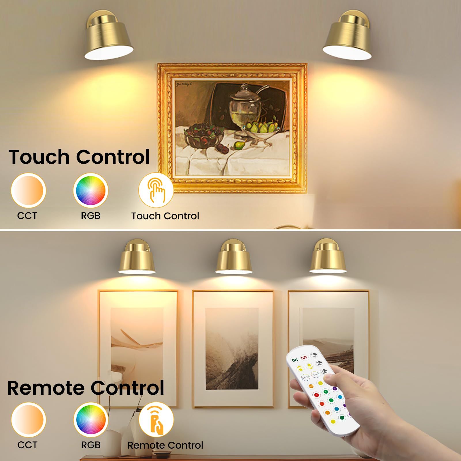 AIBOO Night Light Wireless Wall Light Indoor LED,Battery Operated Wall Lights Rechargeable Lamp with Remote,Touch Lamp Dimmable Wall Sconces Bedside Lamp for Bedroom Livingroom (Gold, 1Pack) [Energy Class E]