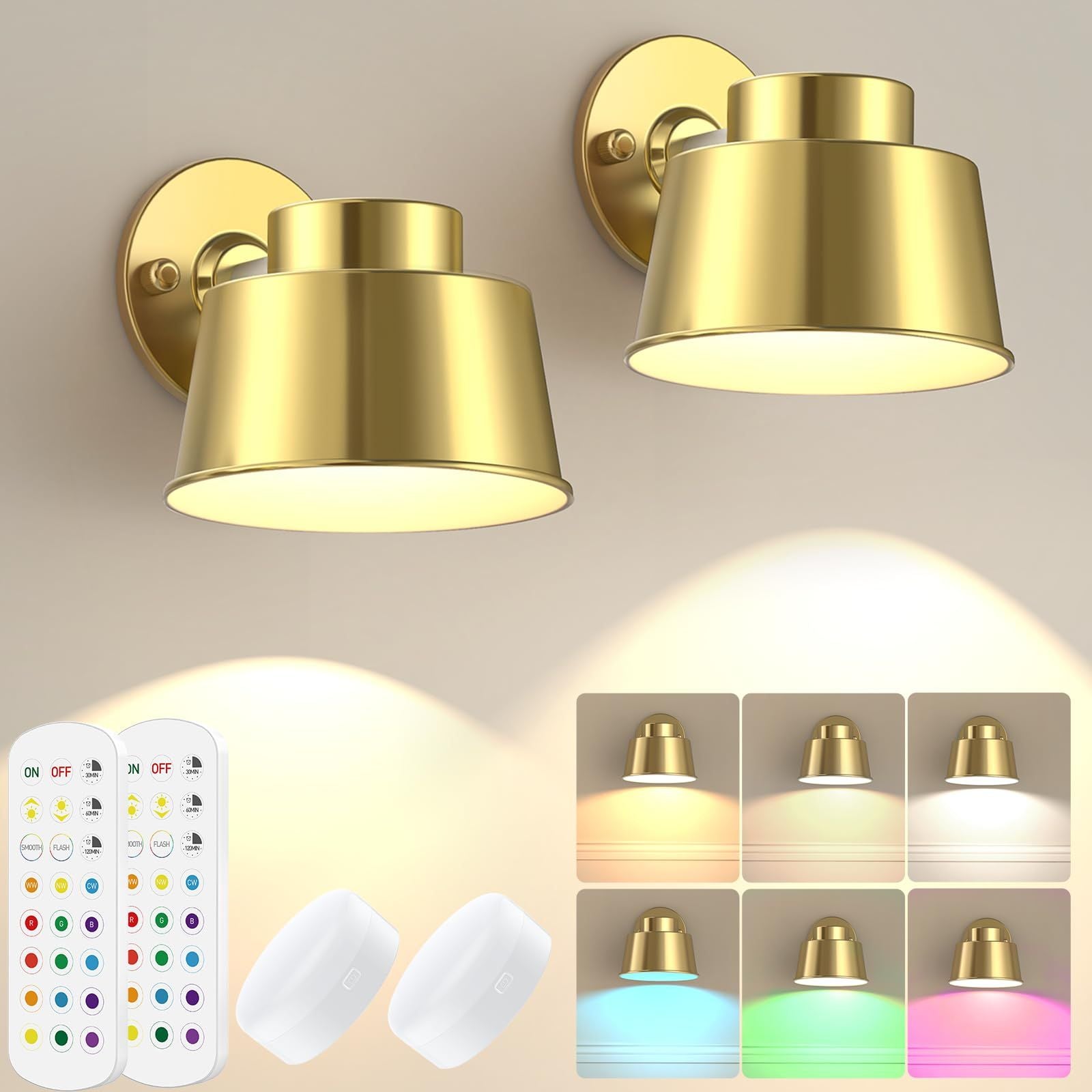 AIBOO Night Light Wireless Wall Light Indoor LED 2 Pack,Battery Operated Wall Lights Rechargeable Lamp with Remote,Touch Lamp Dimmable Wall Sconces Bedside Lamp for Bedroom Livingroom (Gold, 2Pack) [Energy Class E]