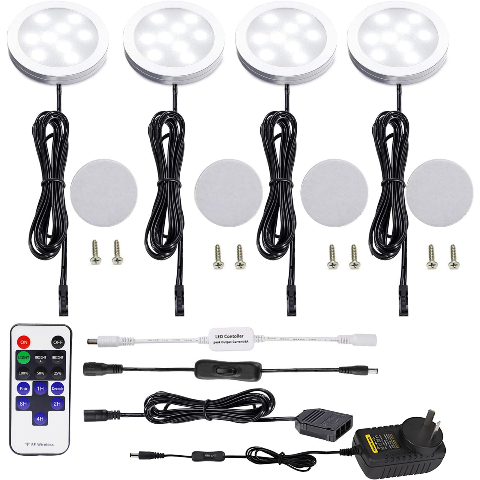 Wall Lights: Dimmable & Timing Under Counter Lights Kitchen with Wireless RF Remote,Ultra-Thin 240V LED Cabinet Lights,12W Shelf Lights，4 Lights,Daylight White