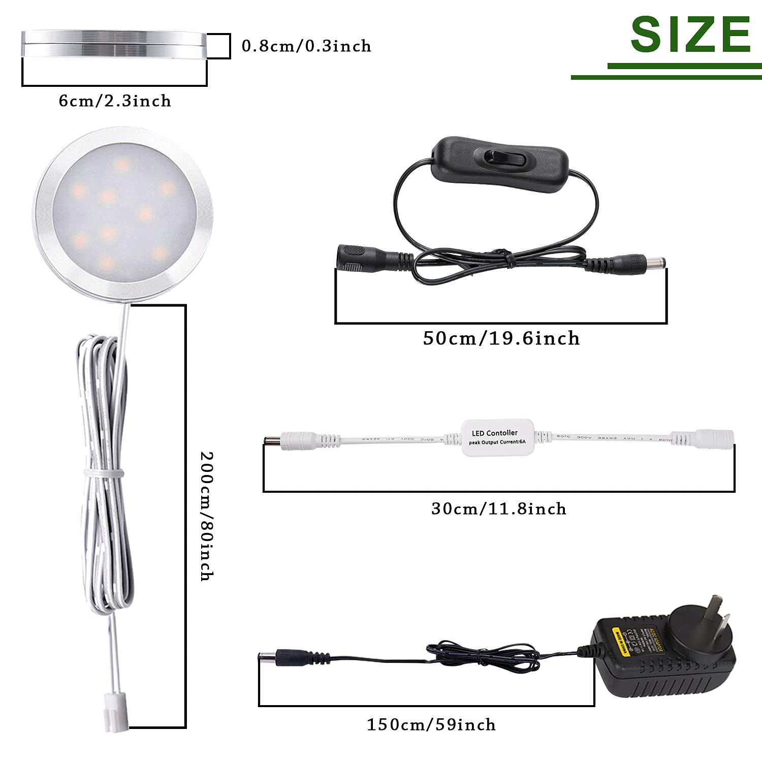 Dimmable LED Under Cabinet Lighting, Counter Showcase Kitchen Lighting Fixtures with 12V Plug in Adapter and Dimmable Wireless Remote Control, 6 Ultra Slim Puck Lights Kit