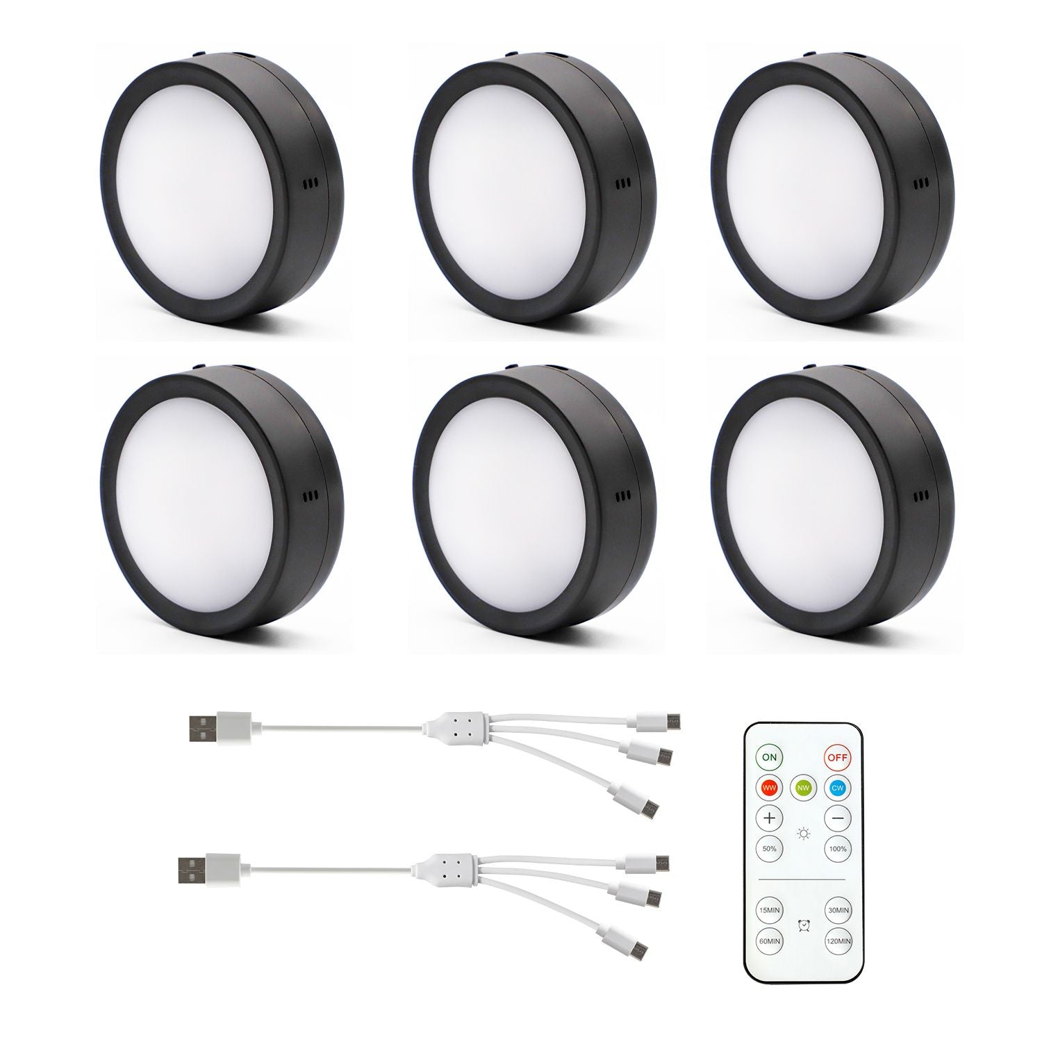 AIBOO Rechargeable Cabinet Lights, 6 Pack Puck Lights, 3 Colour, Remote, Black