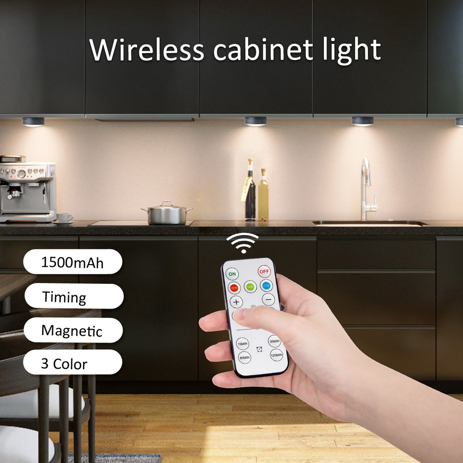AIBOO Rechargeable Cabinet Lights, 6 Pack Puck Lights, 3 Colour, Remote, Black