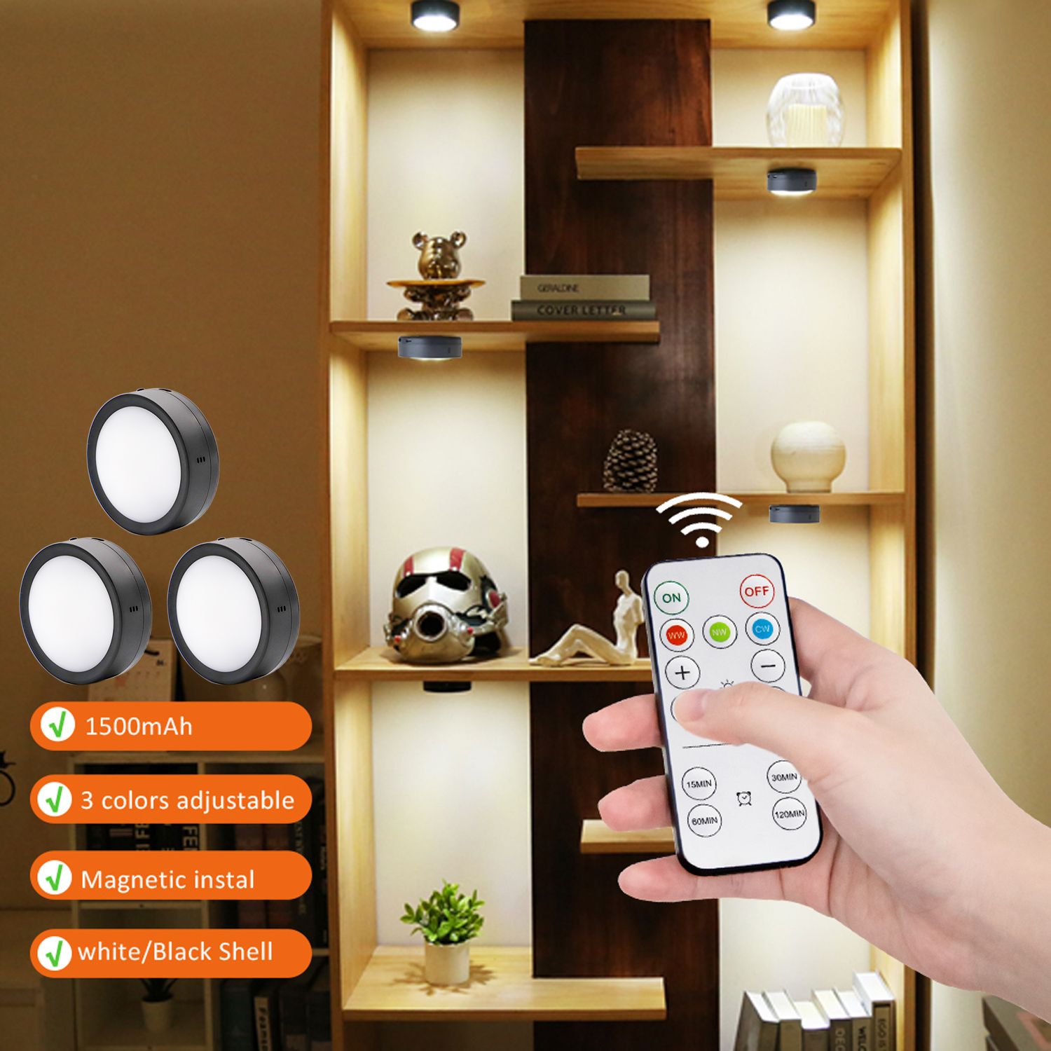 AIBOO Rechargeable Cabinet Lights, 6 Pack Puck Lights, 3 Colour, Remote, Black