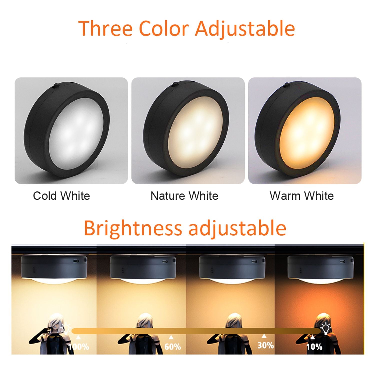 AIBOO Rechargeable Cabinet Lights, 6 Pack Puck Lights, 3 Colour, Remote, Black