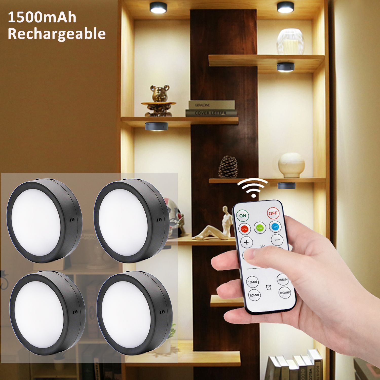 AIBOO Rechargeable Cabinet Lights, 6 Pack Puck Lights, 3 Colour, Remote, Black
