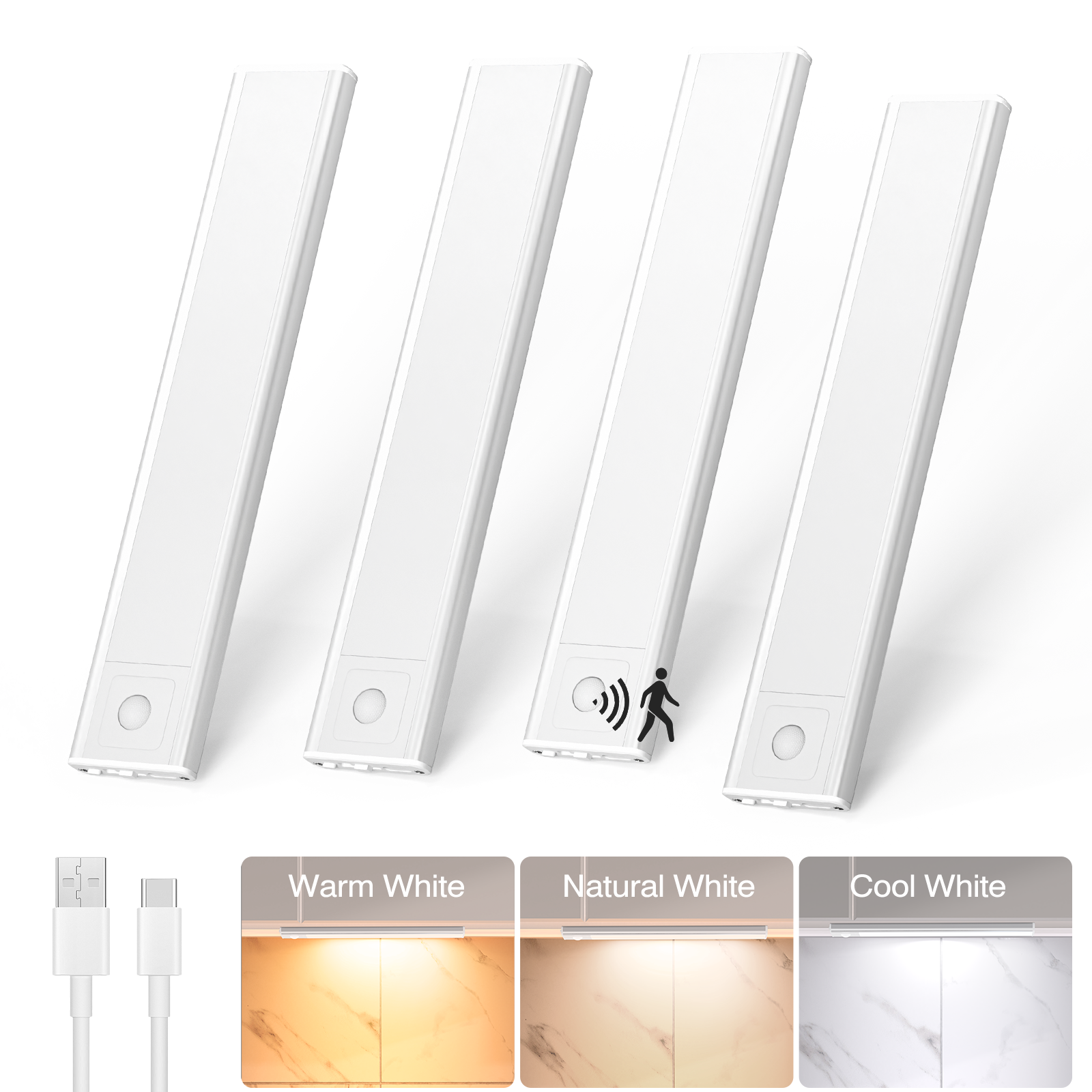 AIBOO Under Cabinet Lights, 4 Pack Rechargeable Motion Sensor Lights, 23.3 cm Magnetic LED Cupboard Lights, 3 Colour Temperatures, Dimmable USB-C Lights for Kitchen Wardrobe Stairs