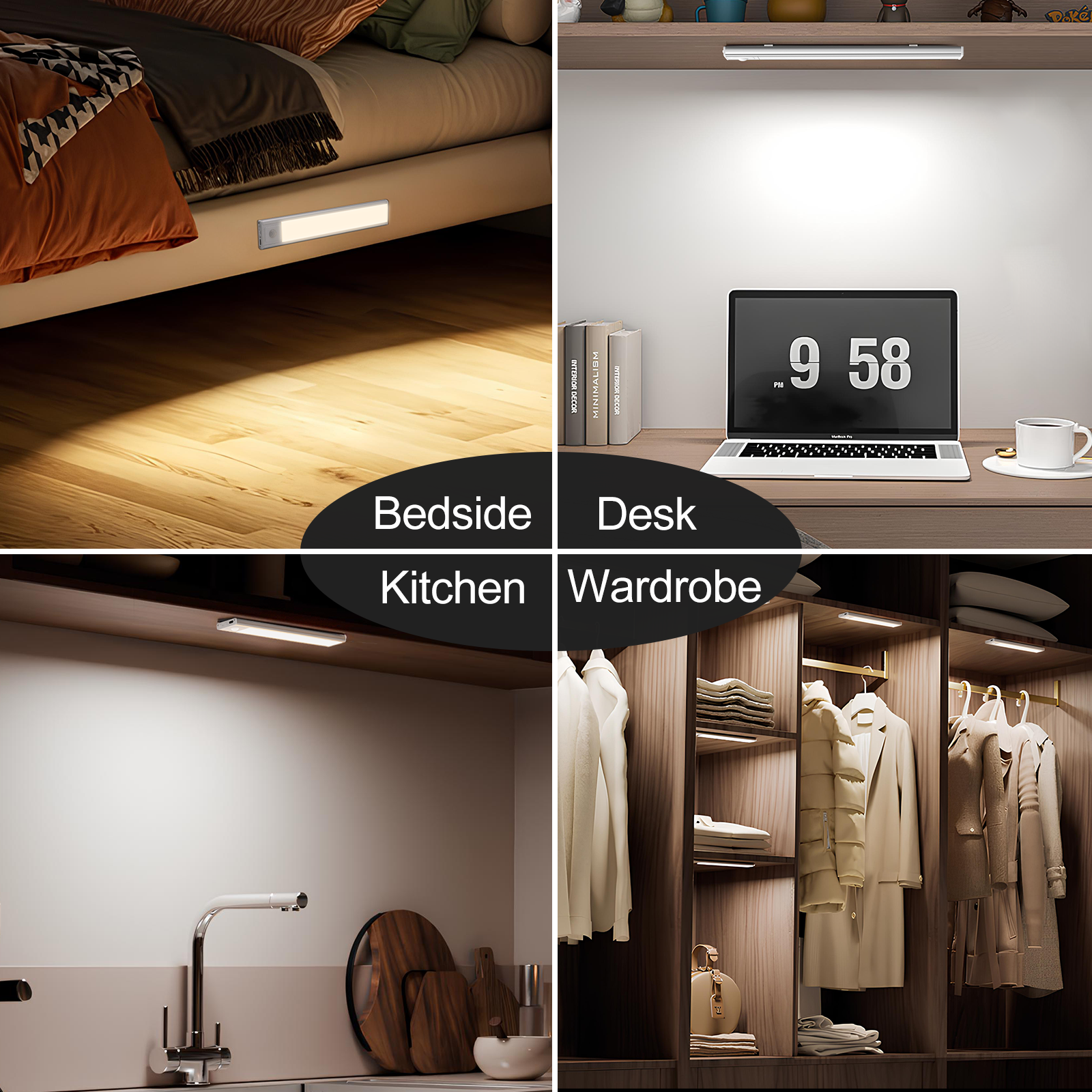 AIBOO Under Cabinet Lights, 4 Pack Rechargeable Motion Sensor Lights, 23.3 cm Magnetic LED Cupboard Lights, 3 Colour Temperatures, Dimmable USB-C Lights for Kitchen Wardrobe Stairs
