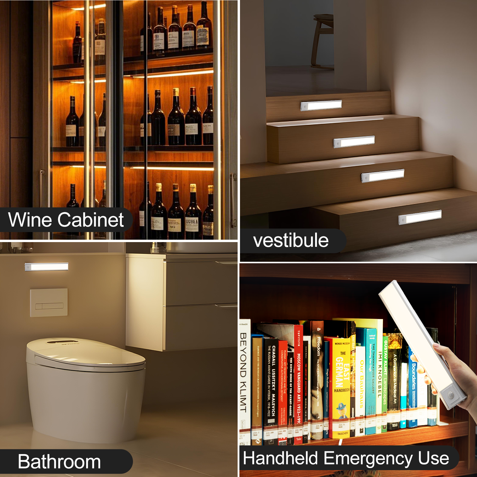AIBOO Under Cabinet Lights, 4 Pack Rechargeable Motion Sensor Lights, 23.3 cm Magnetic LED Cupboard Lights, 3 Colour Temperatures, Dimmable USB-C Lights for Kitchen Wardrobe Stairs