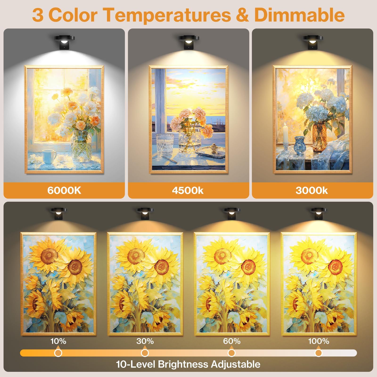 Rechargeable Picture Lights, 6 Pack Black Wireless Art Lights with Remote and Touch Control, 3 Colour Temperatures, Stepless Dimming, Magnetic Wall Lights for Paintings, Photos and Displays