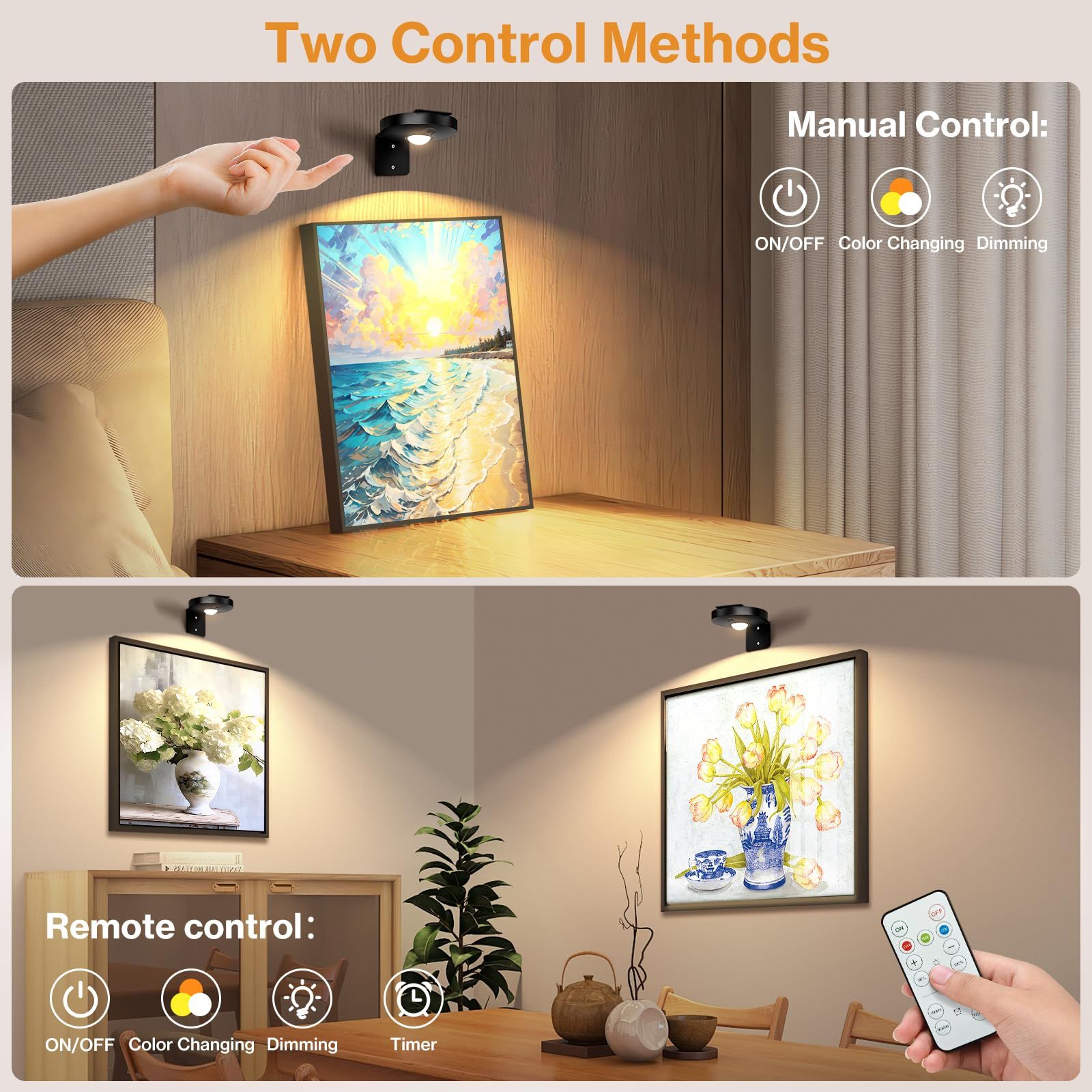 Rechargeable Picture Lights, 6 Pack Black Wireless Art Lights with Remote and Touch Control, 3 Colour Temperatures, Stepless Dimming, Magnetic Wall Lights for Paintings, Photos and Displays