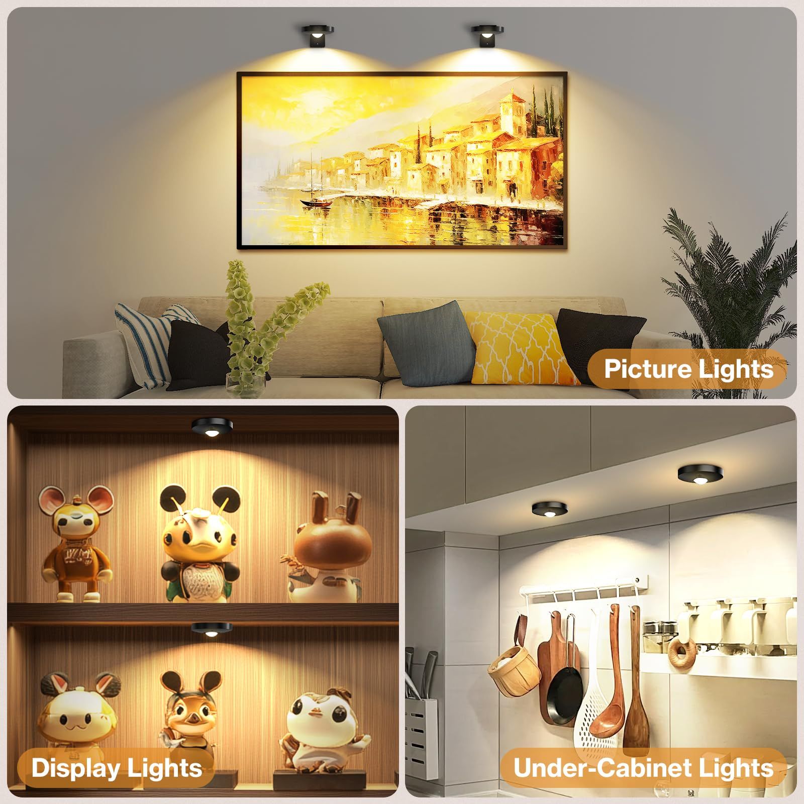 Rechargeable Picture Lights, 6 Pack Black Wireless Art Lights with Remote and Touch Control, 3 Colour Temperatures, Stepless Dimming, Magnetic Wall Lights for Paintings, Photos and Displays