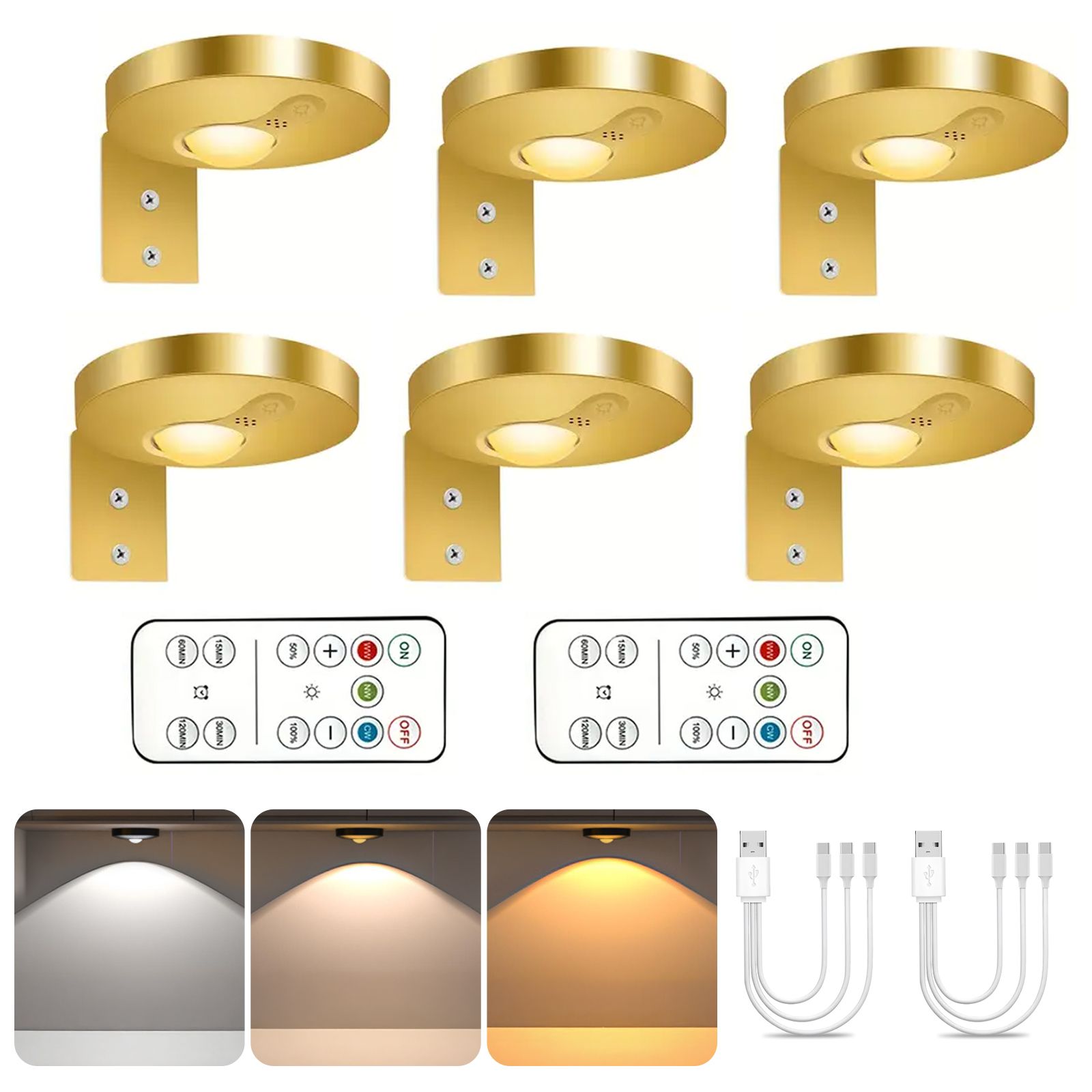 Rechargeable Picture Lights, 6 Pack Gold Wireless Art Lights with Remote and Touch Control, 3 Colour Temperatures, Stepless Dimming, Magnetic Wall Lights for Paintings, Photos and Displays