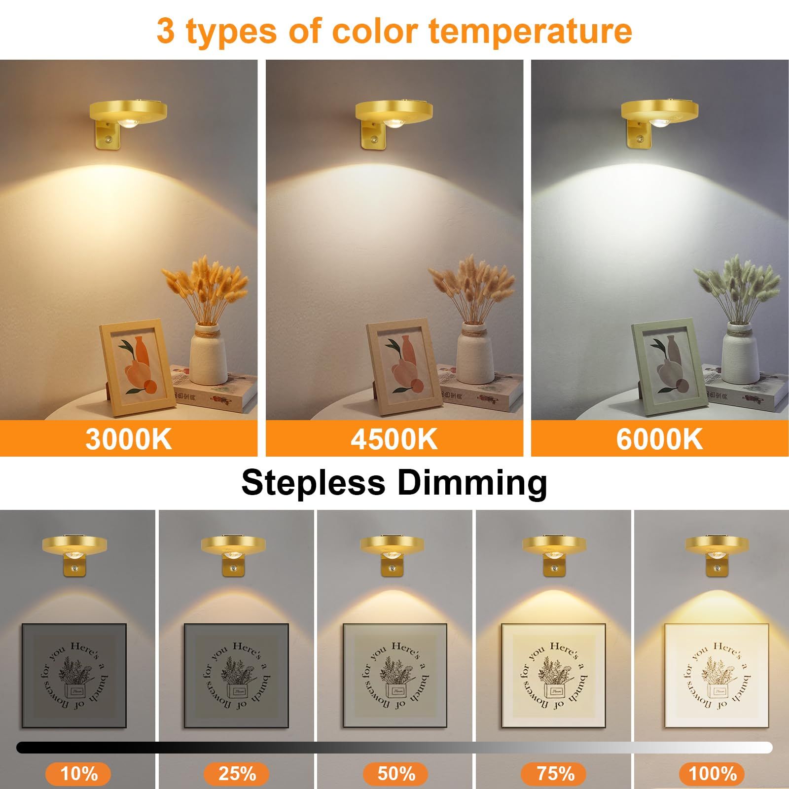 Rechargeable Picture Lights, 6 Pack Gold Wireless Art Lights with Remote and Touch Control, 3 Colour Temperatures, Stepless Dimming, Magnetic Wall Lights for Paintings, Photos and Displays