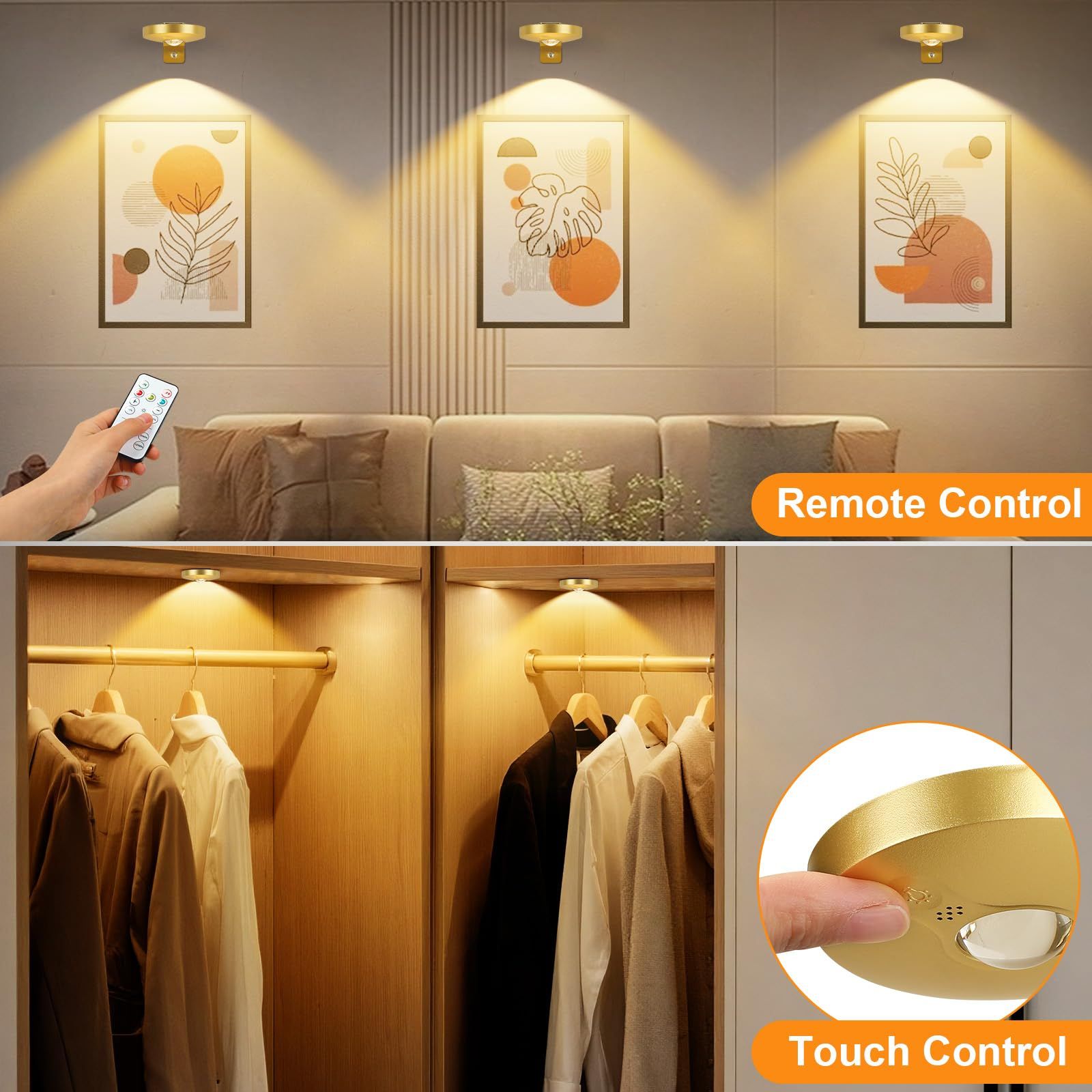 Rechargeable Picture Lights, 6 Pack Gold Wireless Art Lights with Remote and Touch Control, 3 Colour Temperatures, Stepless Dimming, Magnetic Wall Lights for Paintings, Photos and Displays