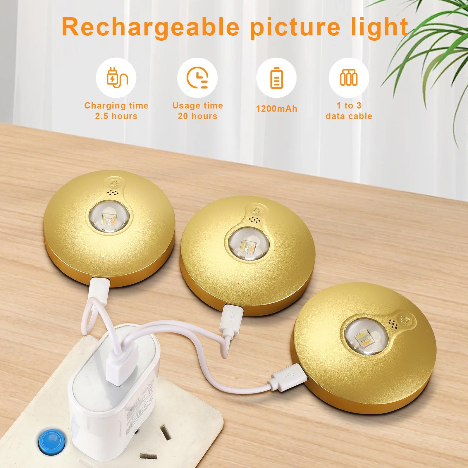 Rechargeable Picture Lights, 6 Pack Gold Wireless Art Lights with Remote and Touch Control, 3 Colour Temperatures, Stepless Dimming, Magnetic Wall Lights for Paintings, Photos and Displays