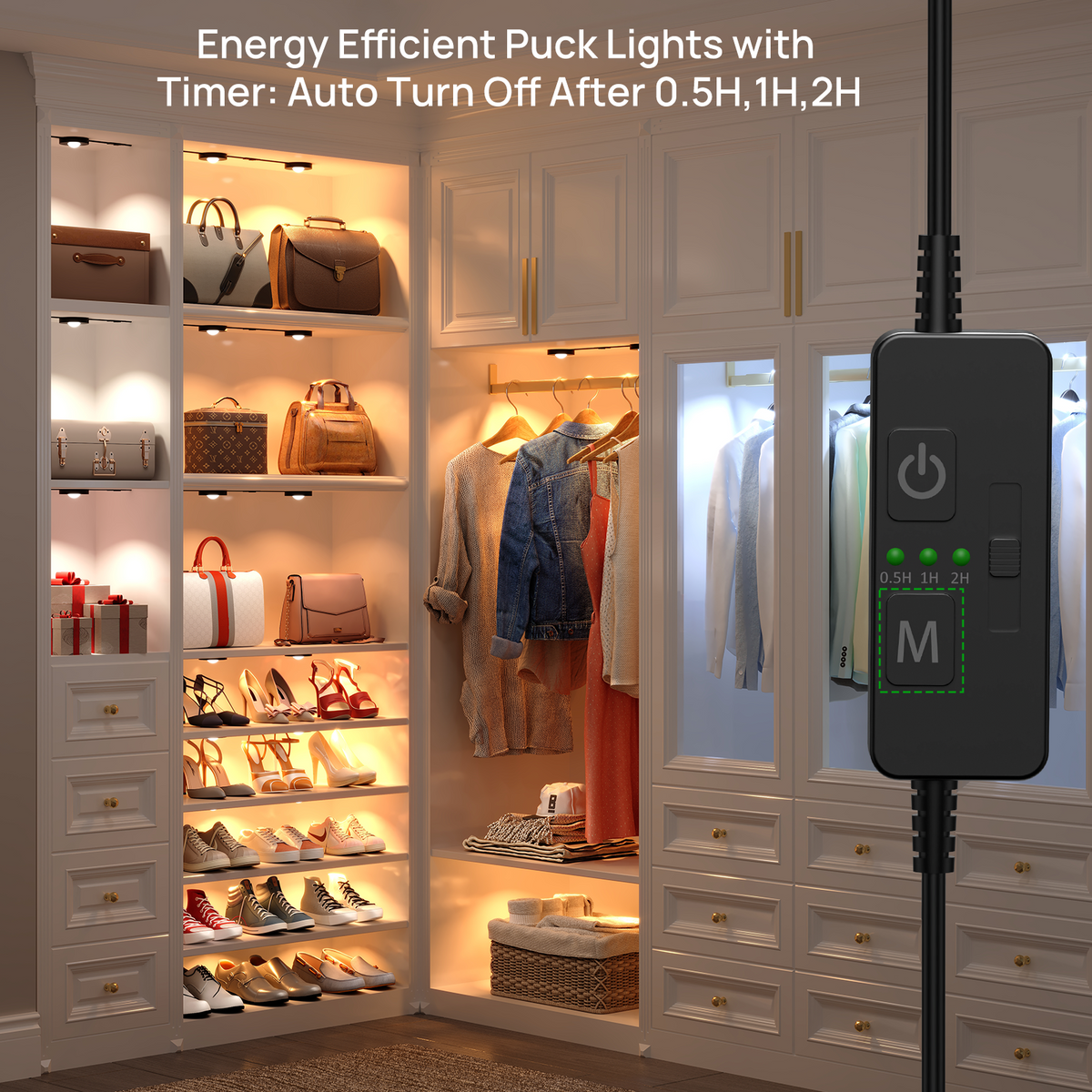 Under Cabinet Lighting, Timer & CCT 3000-6000K Puck Lights, Dimmable with Slider Controller, Plug-in Counter Lights for Kitchen Cabinet, Display Case, Bookshelf, Closet, Curio Cabinet (8Pack)