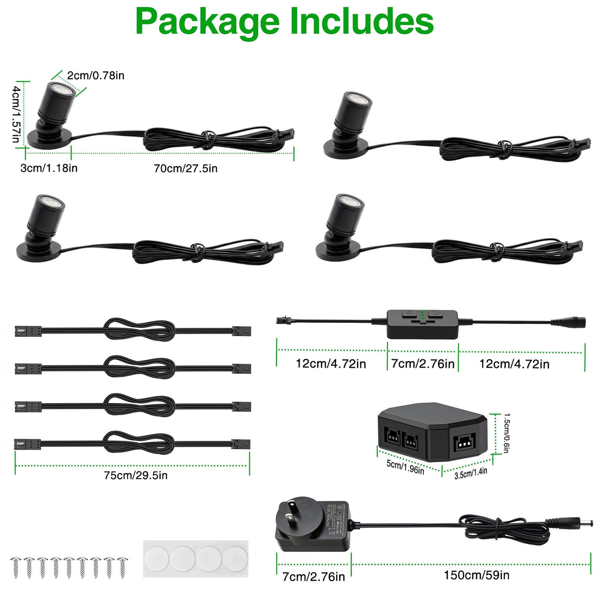 Dimmable LED Mini Spotlight, 12V CCT 2700K-6000K, Adjustable for Display, Cabinet, Showcase, Artwork, 360° Rotatable Accent Lighting, Surface Mount with Slider Dimmer & Adapter (CCT, 4Pack)