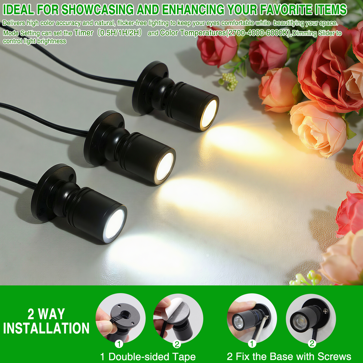 Dimmable LED Mini Spotlight, 12V CCT 2700K-6000K, Adjustable for Display, Cabinet, Showcase, Artwork, 360° Rotatable Accent Lighting, Surface Mount with Slider Dimmer & Adapter (CCT, 4Pack)