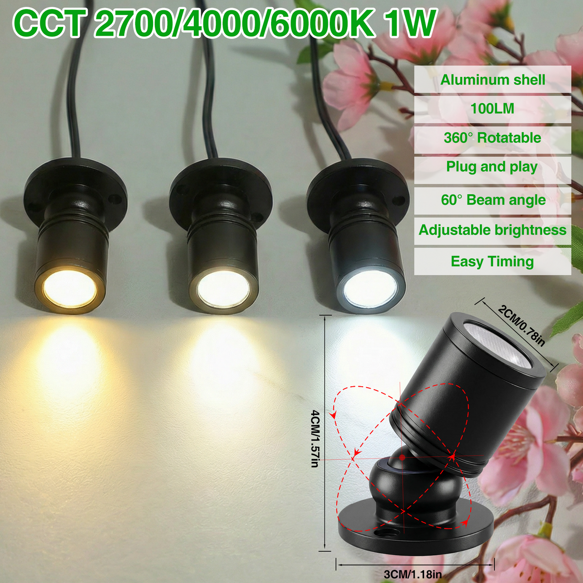 Dimmable LED Mini Spotlight, 12V CCT 2700K-6000K, Adjustable for Display, Cabinet, Showcase, Artwork, 360° Rotatable Accent Lighting, Surface Mount with Slider Dimmer & Adapter (CCT, 8Pack)