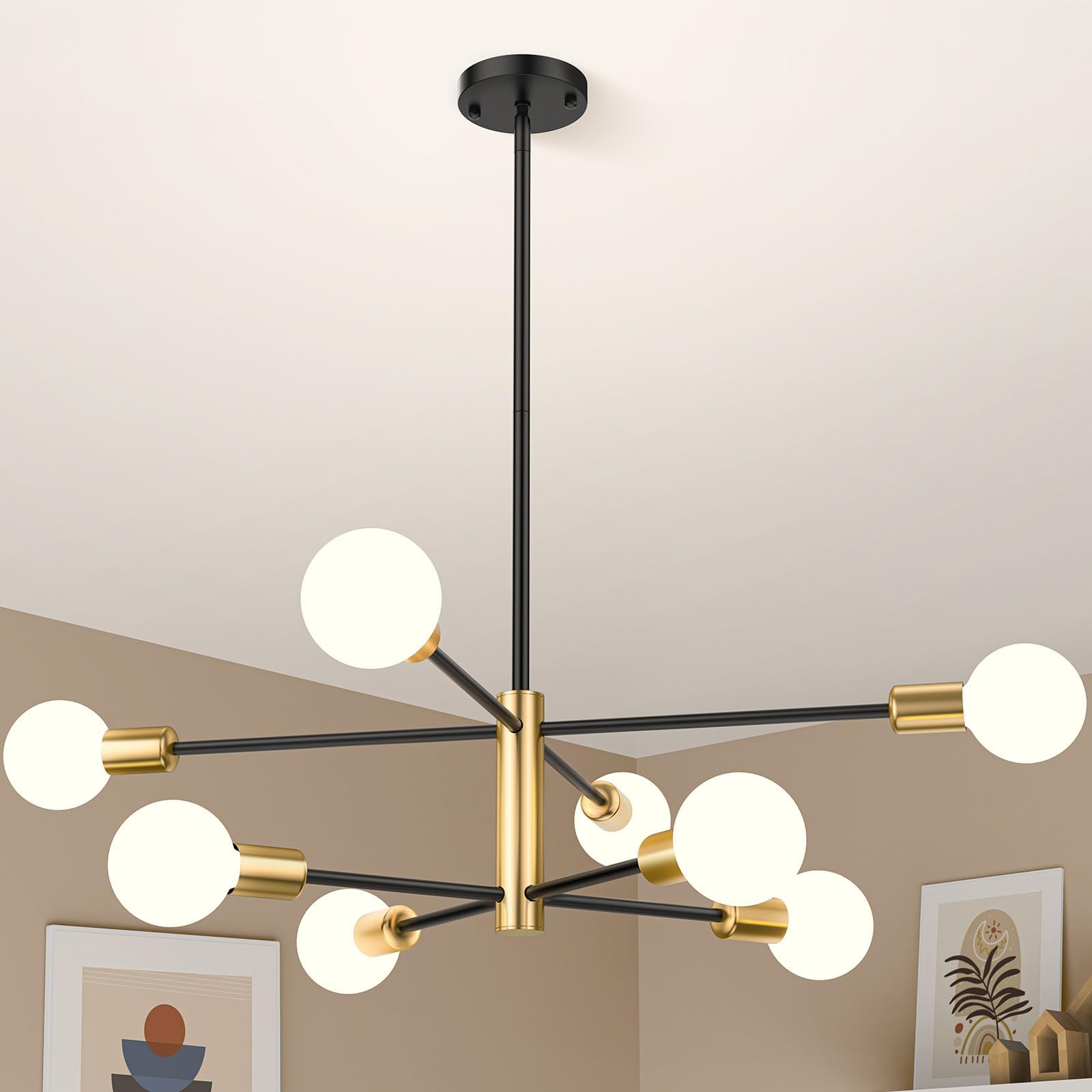 Ceiling Lights: Modern Sputnik Chandelier 8 Lights Height Adjustable Ceiling Light Fixture Mid-Century Modern Gold Chandelier for Dining Room Bedroom Kitchen Living Room with Sloped Ceiling Adapter