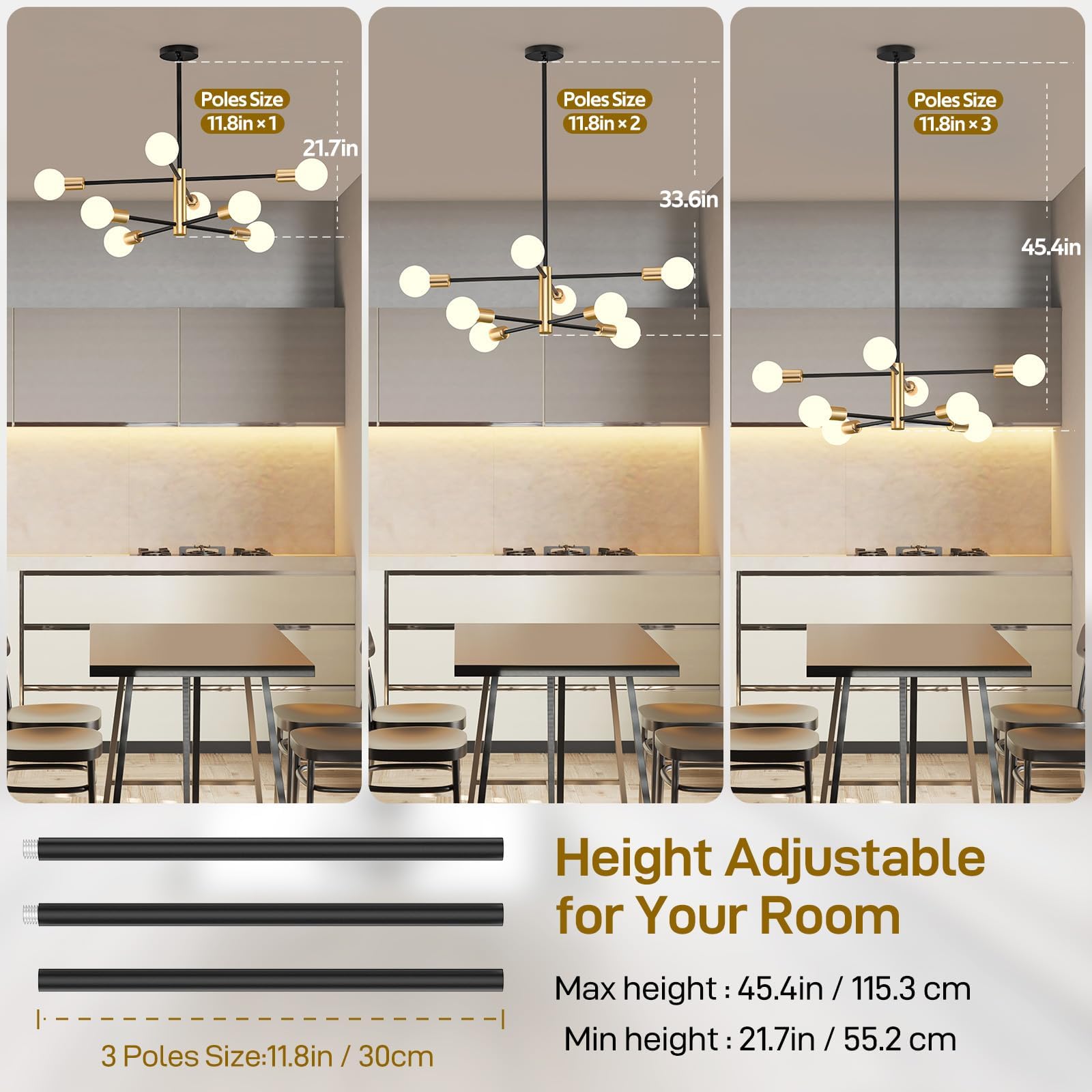 Ceiling Lights: Modern Sputnik Chandelier 8 Lights Height Adjustable Ceiling Light Fixture Mid-Century Modern Gold Chandelier for Dining Room Bedroom Kitchen Living Room with Sloped Ceiling Adapter