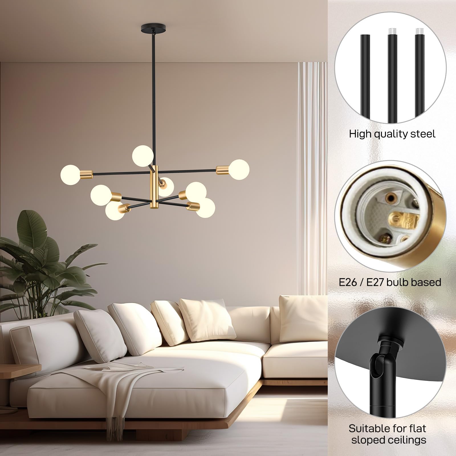 Ceiling Lights: Modern Sputnik Chandelier 8 Lights Height Adjustable Ceiling Light Fixture Mid-Century Modern Gold Chandelier for Dining Room Bedroom Kitchen Living Room with Sloped Ceiling Adapter