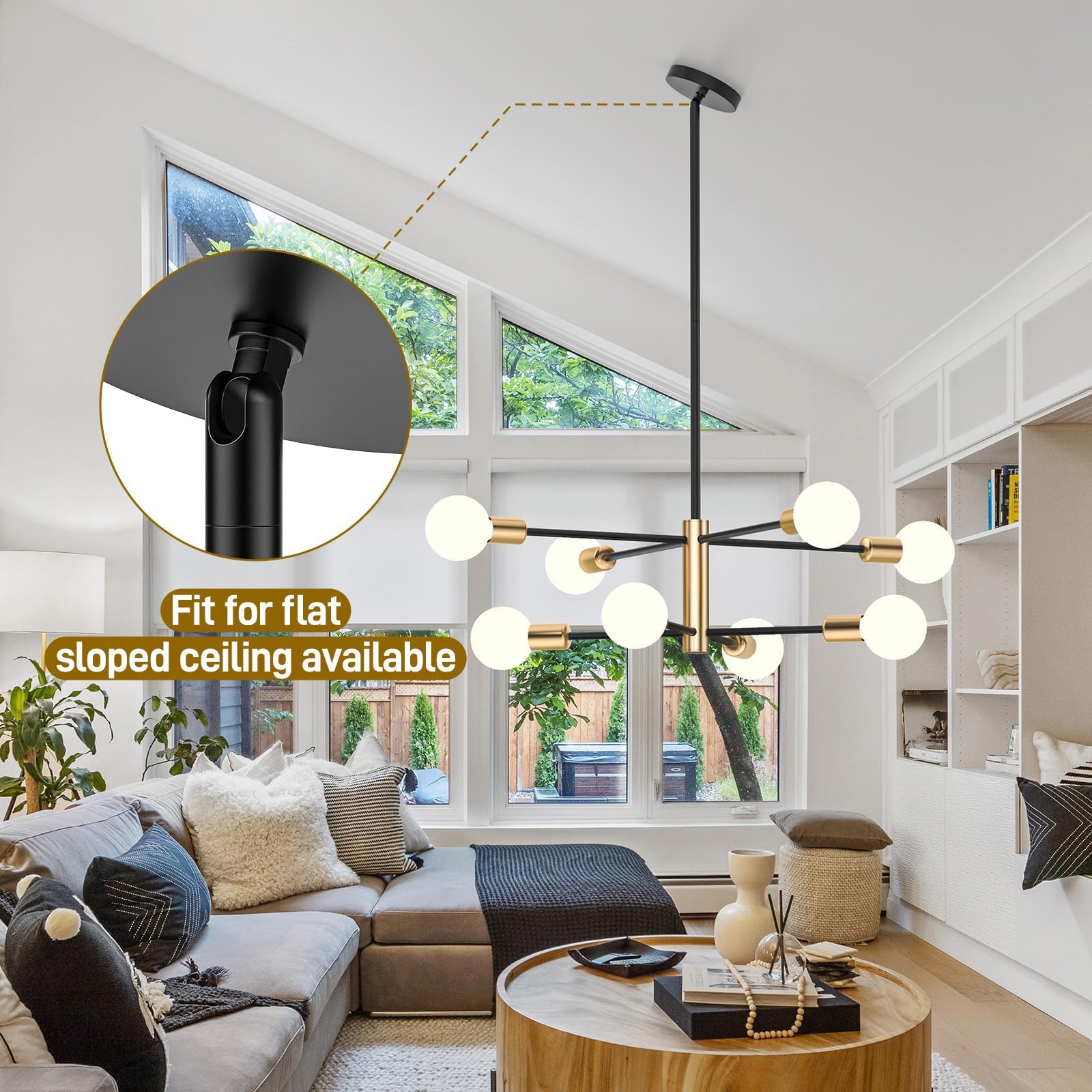 Ceiling Lights: Modern Sputnik Chandelier 8 Lights Height Adjustable Ceiling Light Fixture Mid-Century Modern Gold Chandelier for Dining Room Bedroom Kitchen Living Room with Sloped Ceiling Adapter