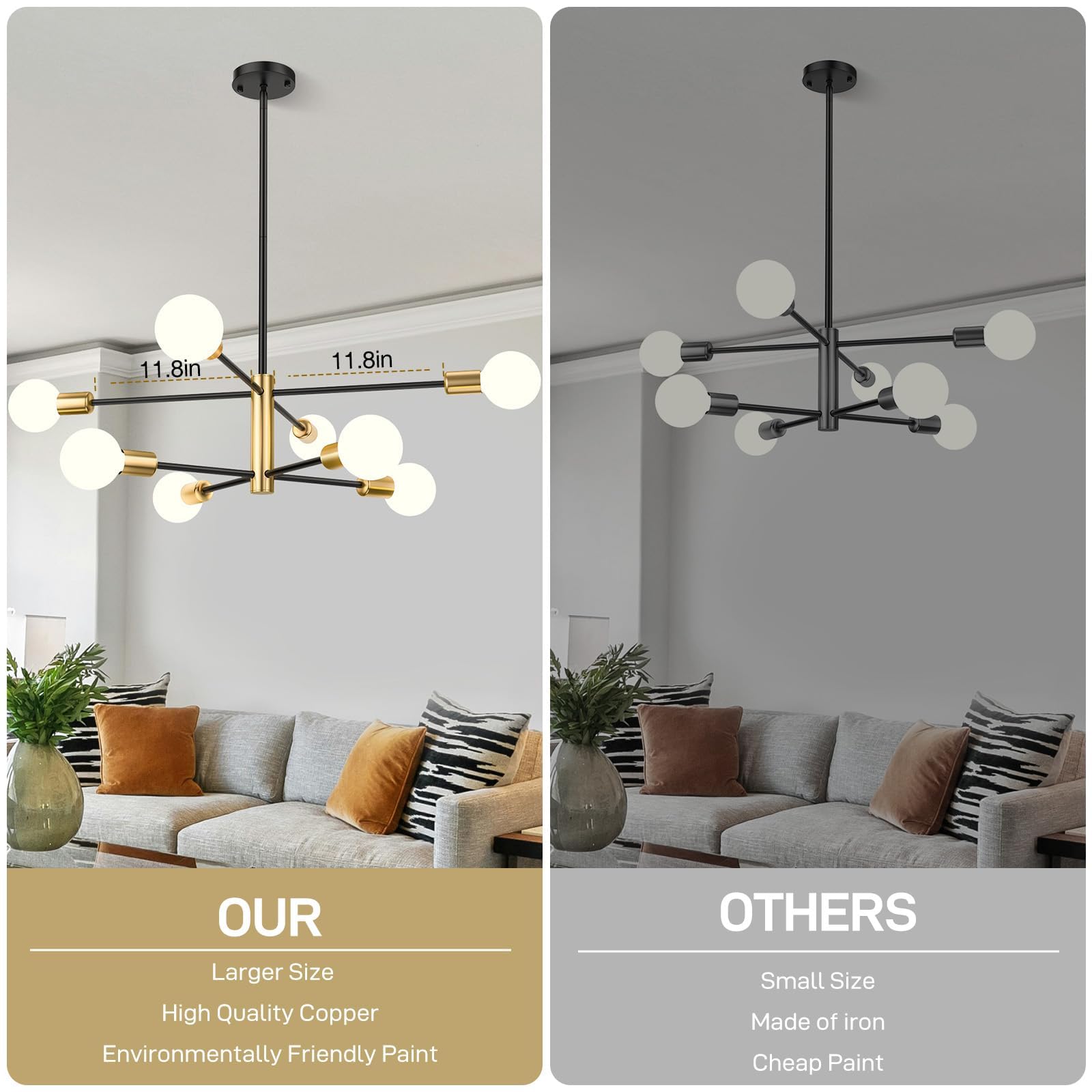 Ceiling Lights: Modern Sputnik Chandelier 8 Lights Height Adjustable Ceiling Light Fixture Mid-Century Modern Gold Chandelier for Dining Room Bedroom Kitchen Living Room with Sloped Ceiling Adapter