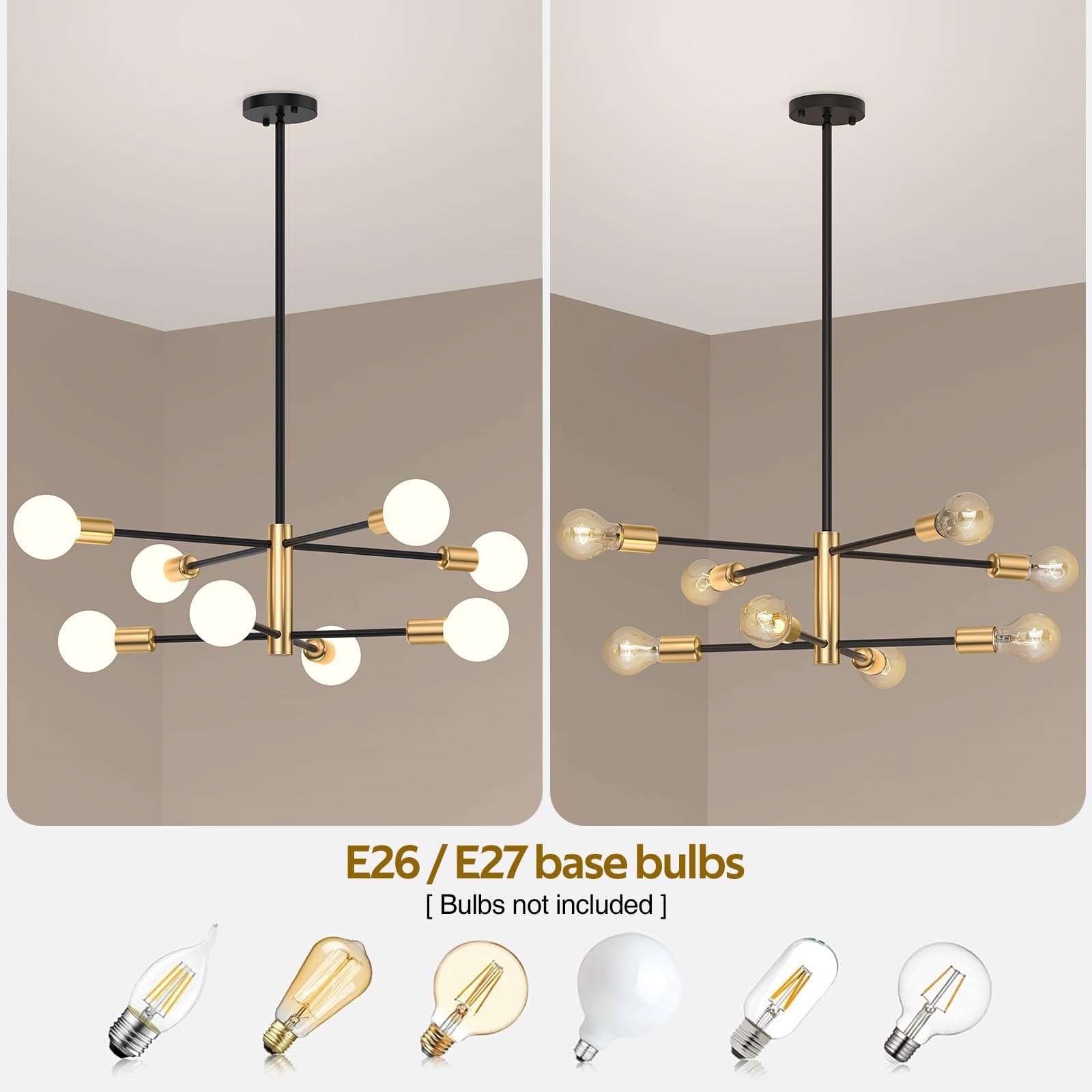 Ceiling Lights: Modern Sputnik Chandelier 8 Lights Height Adjustable Ceiling Light Fixture Mid-Century Modern Gold Chandelier for Dining Room Bedroom Kitchen Living Room with Sloped Ceiling Adapter