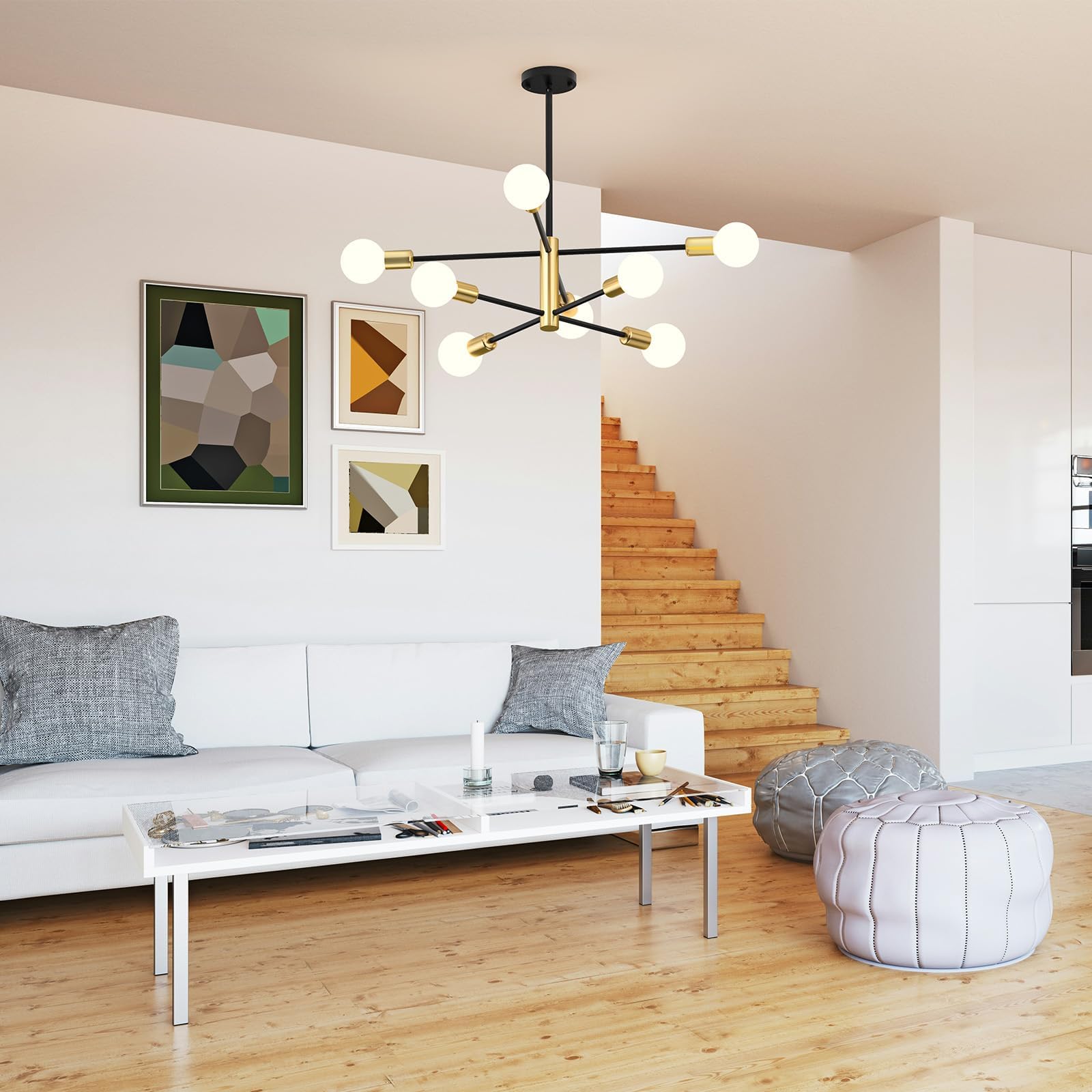 Ceiling Lights: Modern Sputnik Chandelier 8 Lights Height Adjustable Ceiling Light Fixture Mid-Century Modern Gold Chandelier for Dining Room Bedroom Kitchen Living Room with Sloped Ceiling Adapter