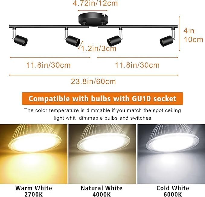 Ceiling Lights: Kitchen Lights,Ceiling Lighting Kits, Swivelling Ceiling Spotlight for Bedroom, Kitchen and Living Room(GU10 LED Bulbs not Included) (4 Way Black)