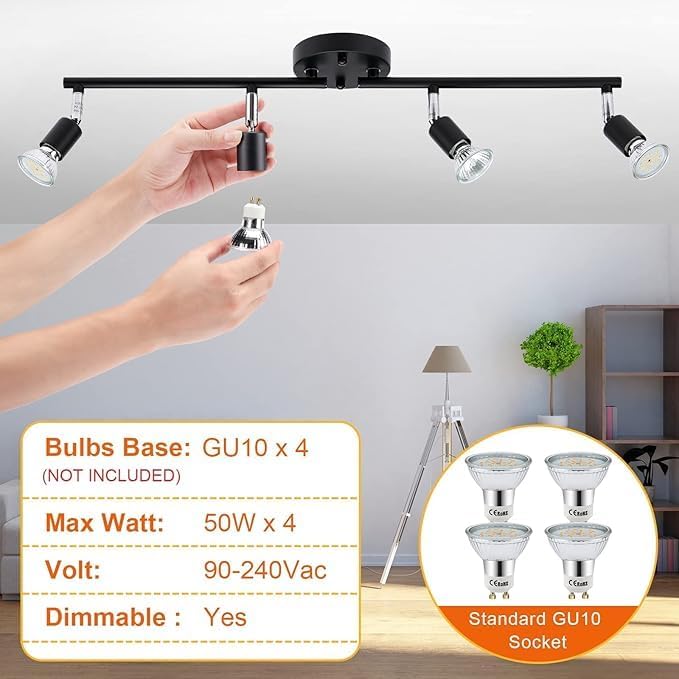 Ceiling Lights: Kitchen Lights,Ceiling Lighting Kits, Swivelling Ceiling Spotlight for Bedroom, Kitchen and Living Room(GU10 LED Bulbs not Included) (4 Way Black)