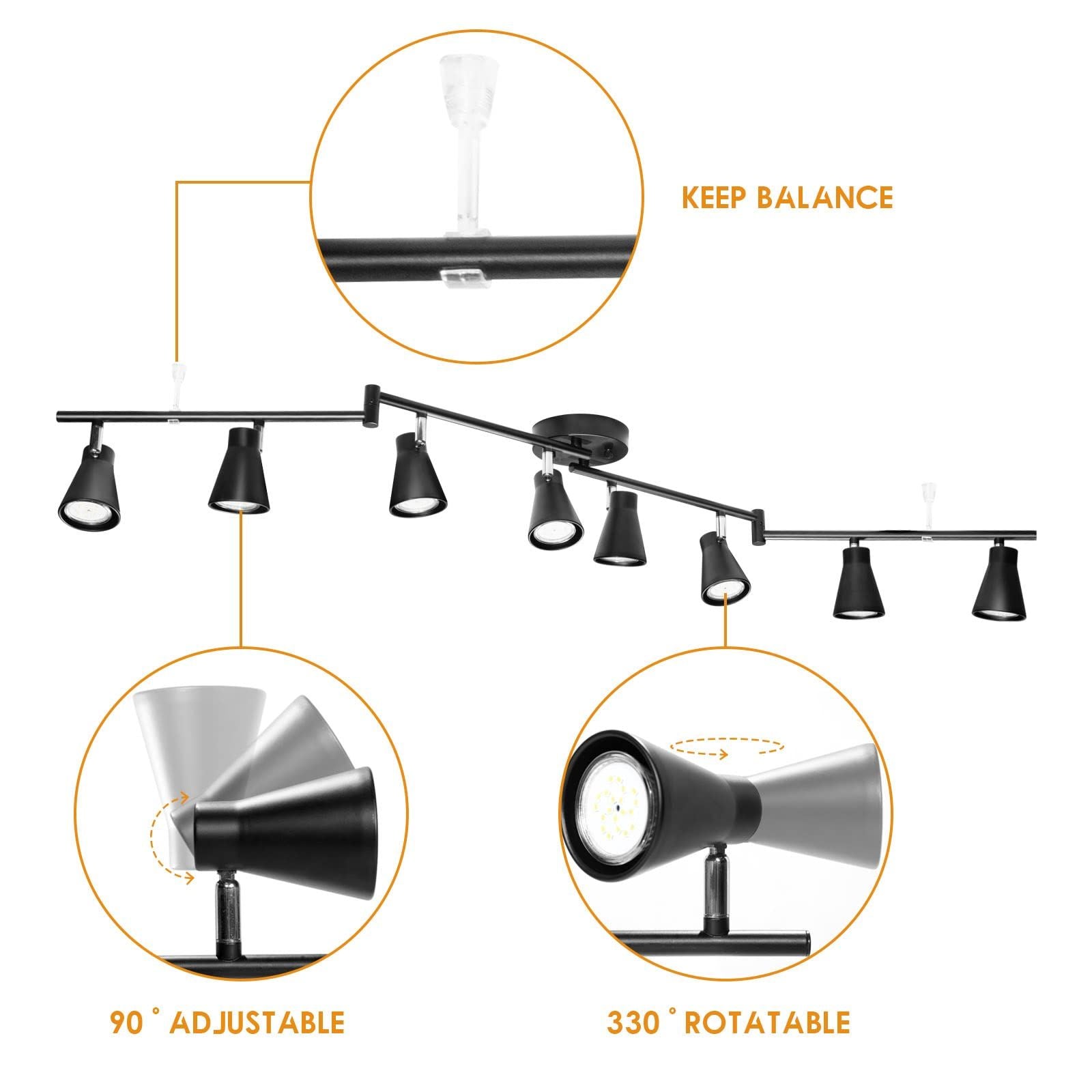 Flexible Track Lighting Fixture, Foldable Ceiling Spot Light with Adjustable 8 Light Heads, GU10 Track Light Kit for Kitchen Bedroom Living Room Matte Black (Bulbs Not Included)