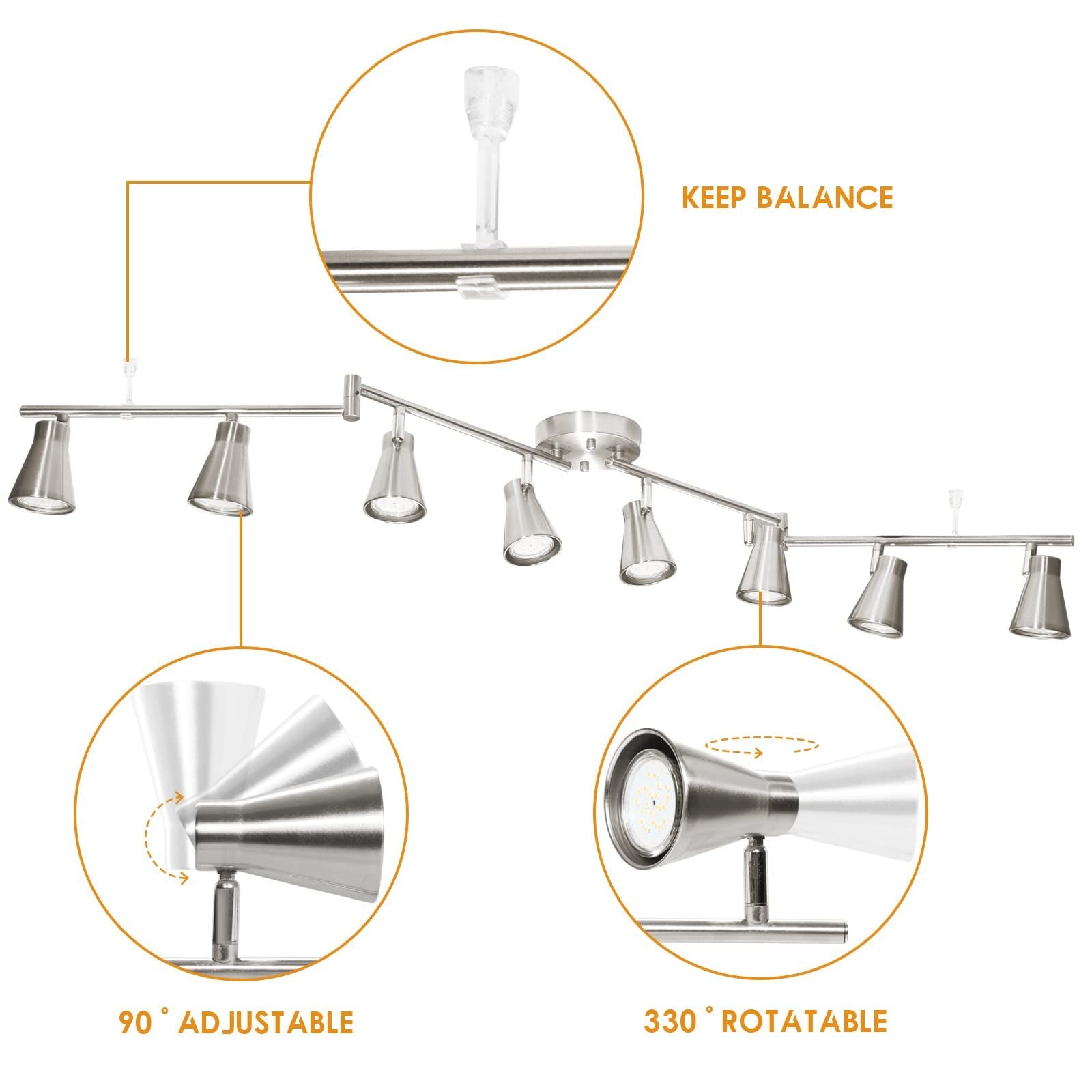 LED 8 Light Track Lighting Fixture Flexible, Adjustable Ceiling Spot Light with GU10 Track Light Head, Accent Lighting Foldable Swing Arm Brushed Nickel(Bulbs Not Included)