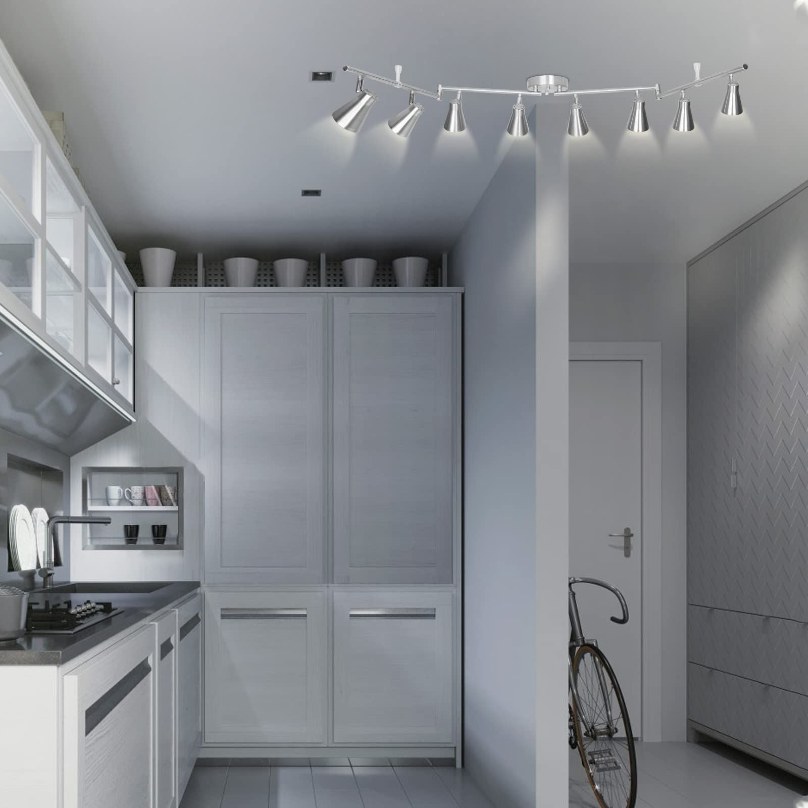 LED 8 Light Track Lighting Fixture Flexible, Adjustable Ceiling Spot Light with GU10 Track Light Head, Accent Lighting Foldable Swing Arm Brushed Nickel(Bulbs Not Included)