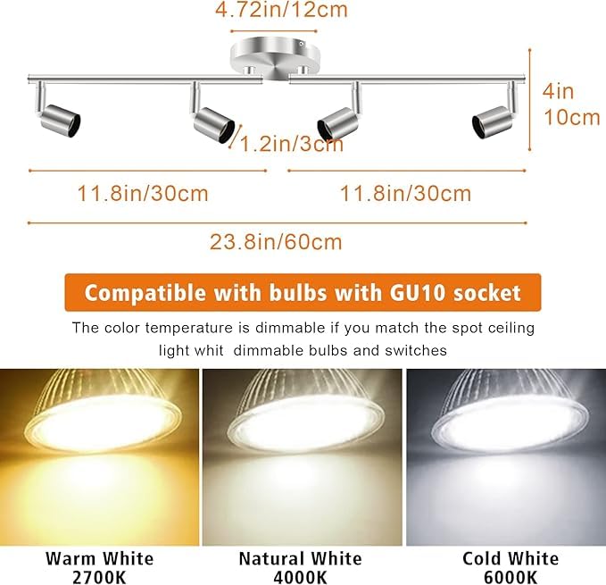 Ceiling Lights: LED Ceiling Light,4 Way Rotatable Spot Lights for Ceiling,Flexible Ceiling Lights for Bedroom,Living Room, Black Nickel with Protectiv Bulb Trims(Gu10 Bulbs Not Included)