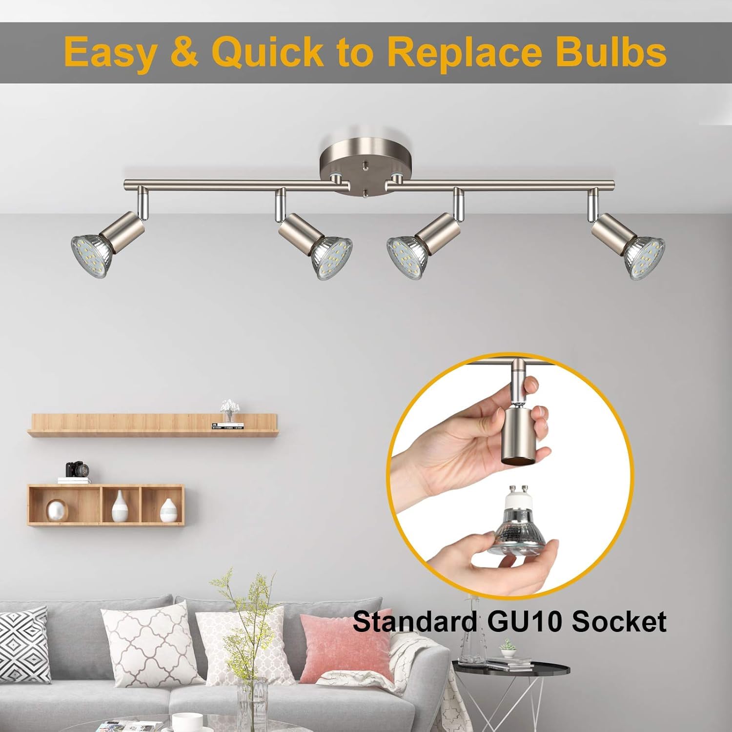 Ceiling Lights: LED Ceiling Light,4 Way Rotatable Spot Lights for Ceiling,Flexible Ceiling Lights for Bedroom,Living Room, Black Nickel with Protectiv Bulb Trims(Gu10 Bulbs Not Included)